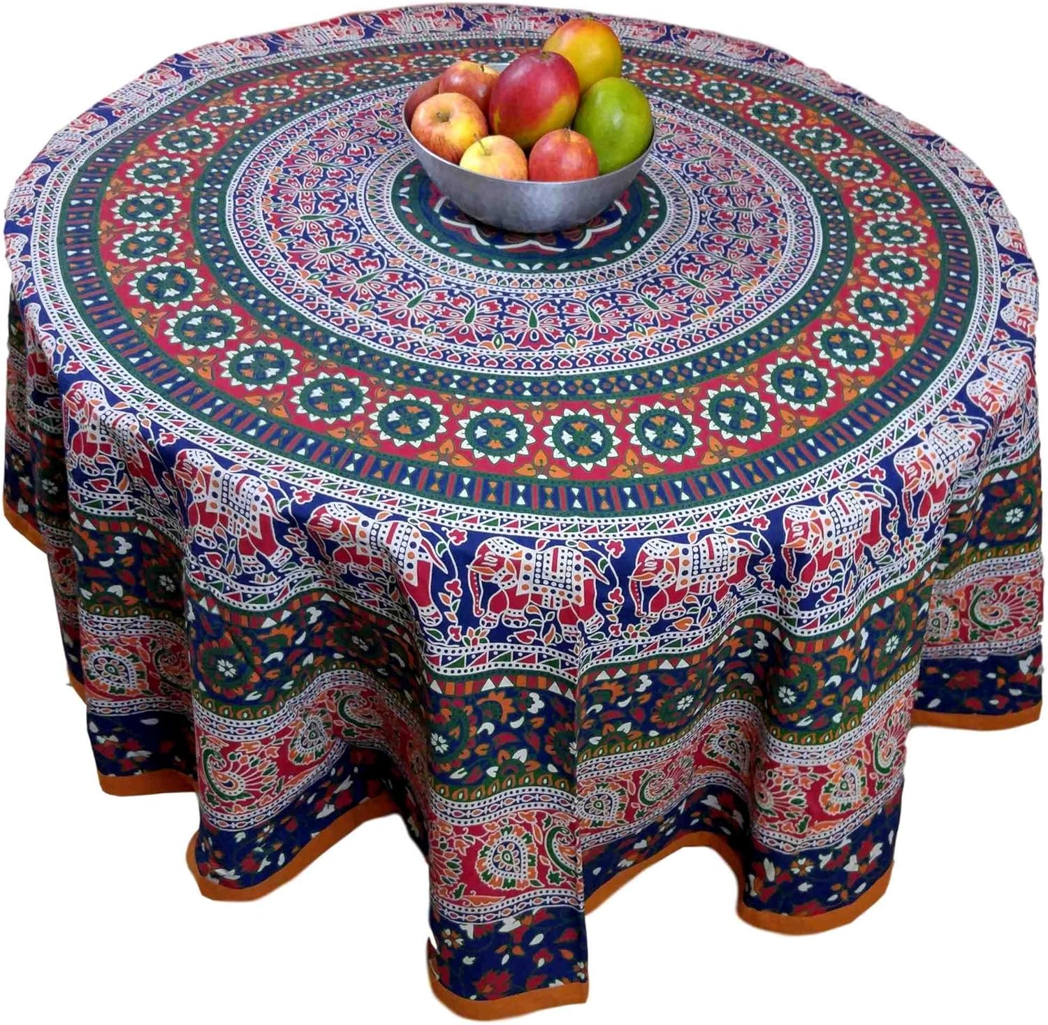 India Arts Cotton Elephant Mandala Floral 81 Round Tablecloth Red Blue Orange Green