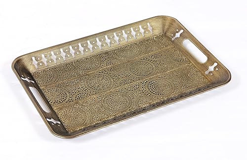 Bandeja de metal decorativa rectangular resistente de 16 pulgadas con decoración de filigrana en oro champán, bandeja de metal para servir, bandeja