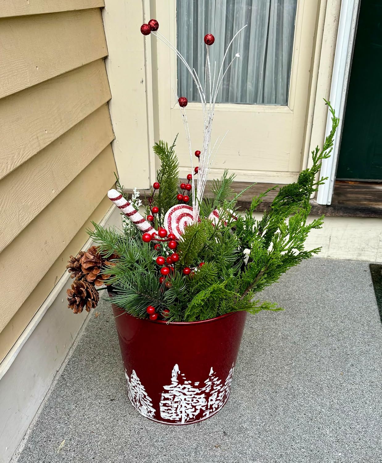 Red Galvanized Metal Christmas Planter Bucket with Tree Design, 9.25" Height, 9.5" Diameter, Set of 2