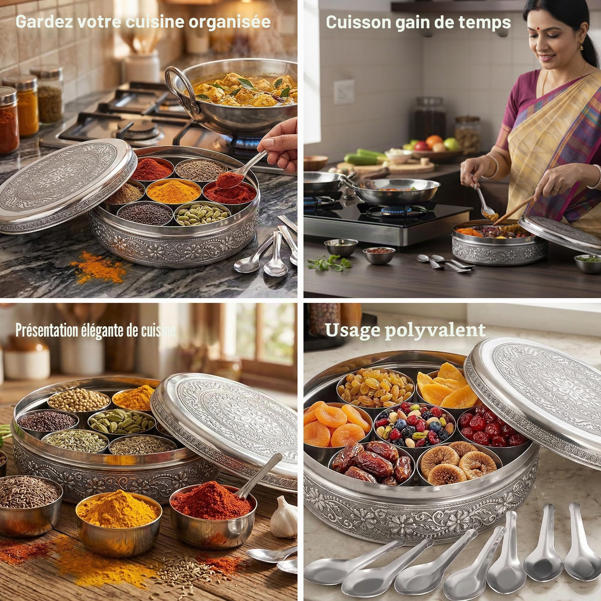 KSJONE Masala Dabba Design – Boîte à épices indienne en acier inoxydable de 8 pouces, avec 7 compartiments individuels, cuillères de service et couvercle – Organiseur d'épices poli miroir