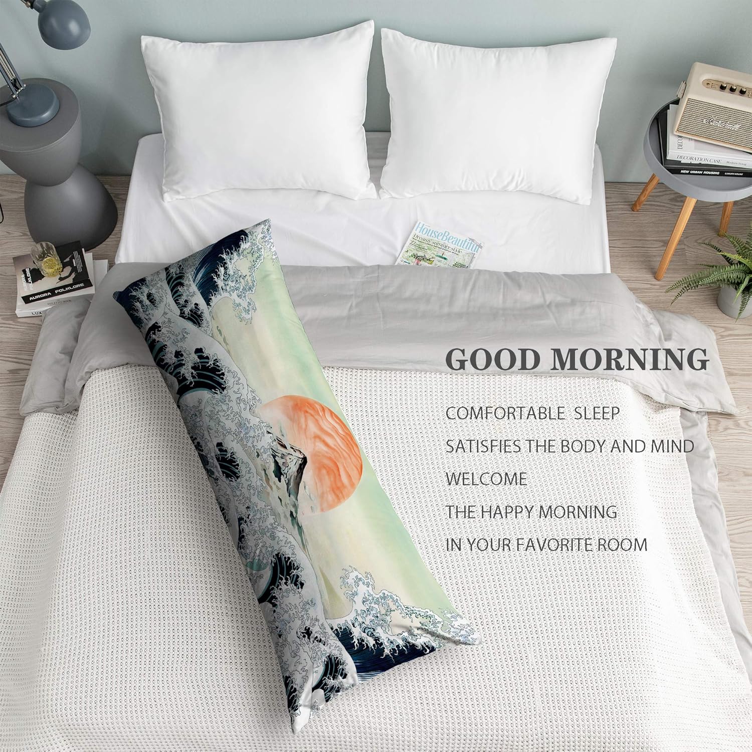 Body Pillow Cover - 20 x 54 inches - Digital Printing Body Pillow Case with Hidden Zipper Closure - Ultra Soft Velvet Body Pillow Pillowcase for Hair and Skin - Japanese Wave : Home & Kitchen