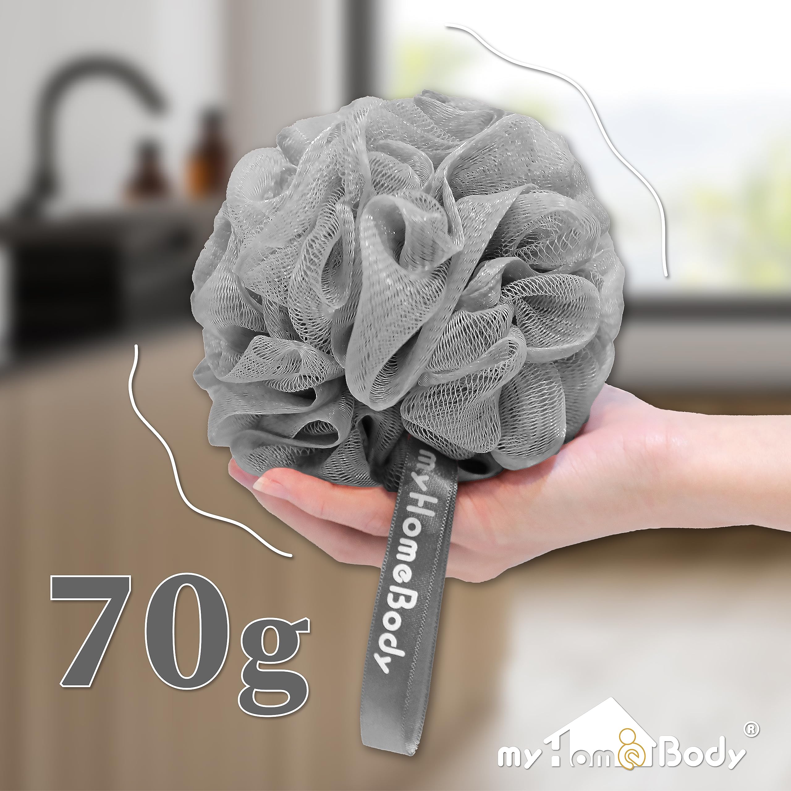 myHomeBody Duża gąbka luffa 70 g, myjka do ciała, gąbka do kąpieli, luffa dla kobiet, mężczyzn, gąbka złuszczająca pufa prysznicowa z węglem aktywnym - 2 Ultimate Gray + 1 świecący żółty, 3 szt