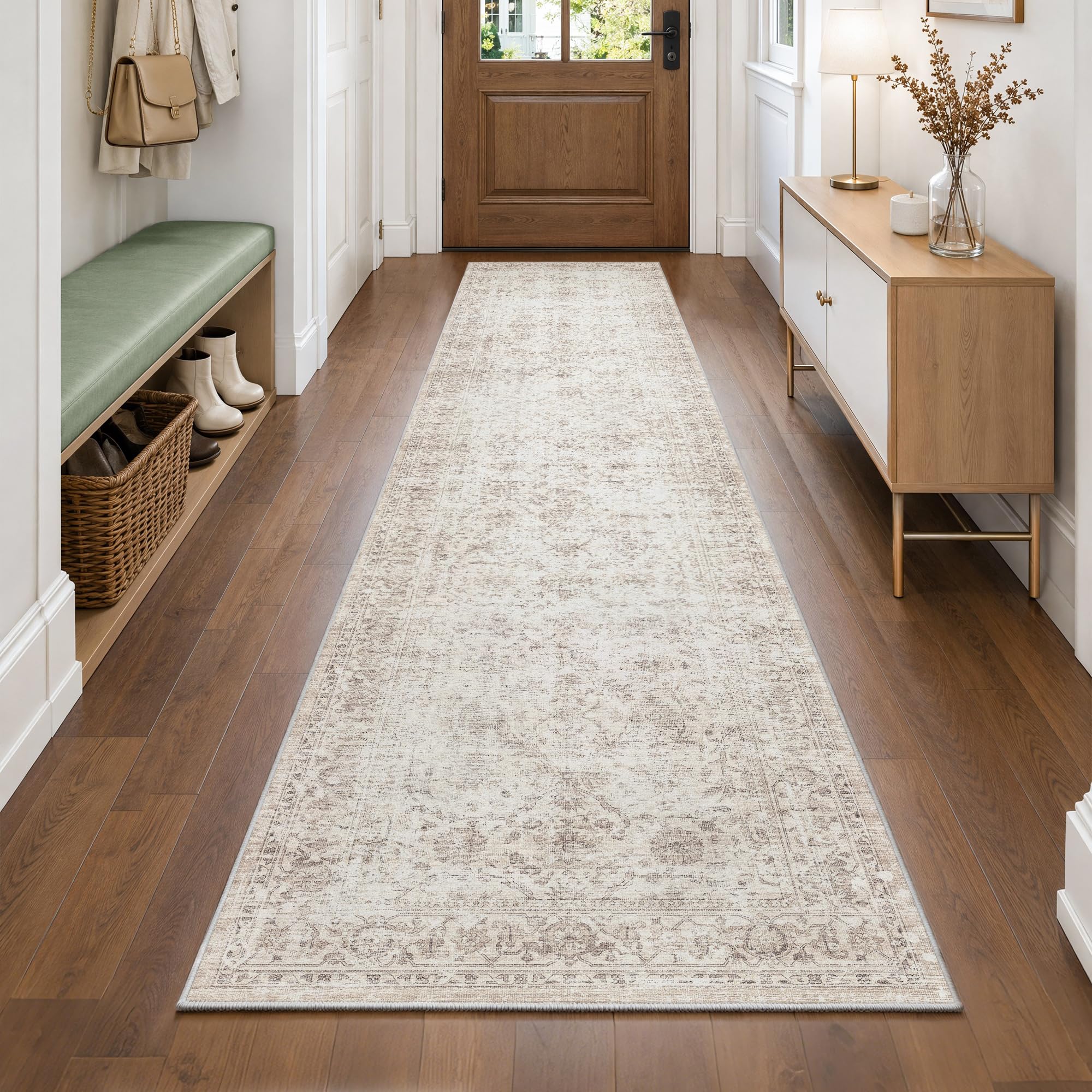 FMFUNCTEX 2x12 Hallway Runner Rug Washable Beige Neutral Vintage Distressed
