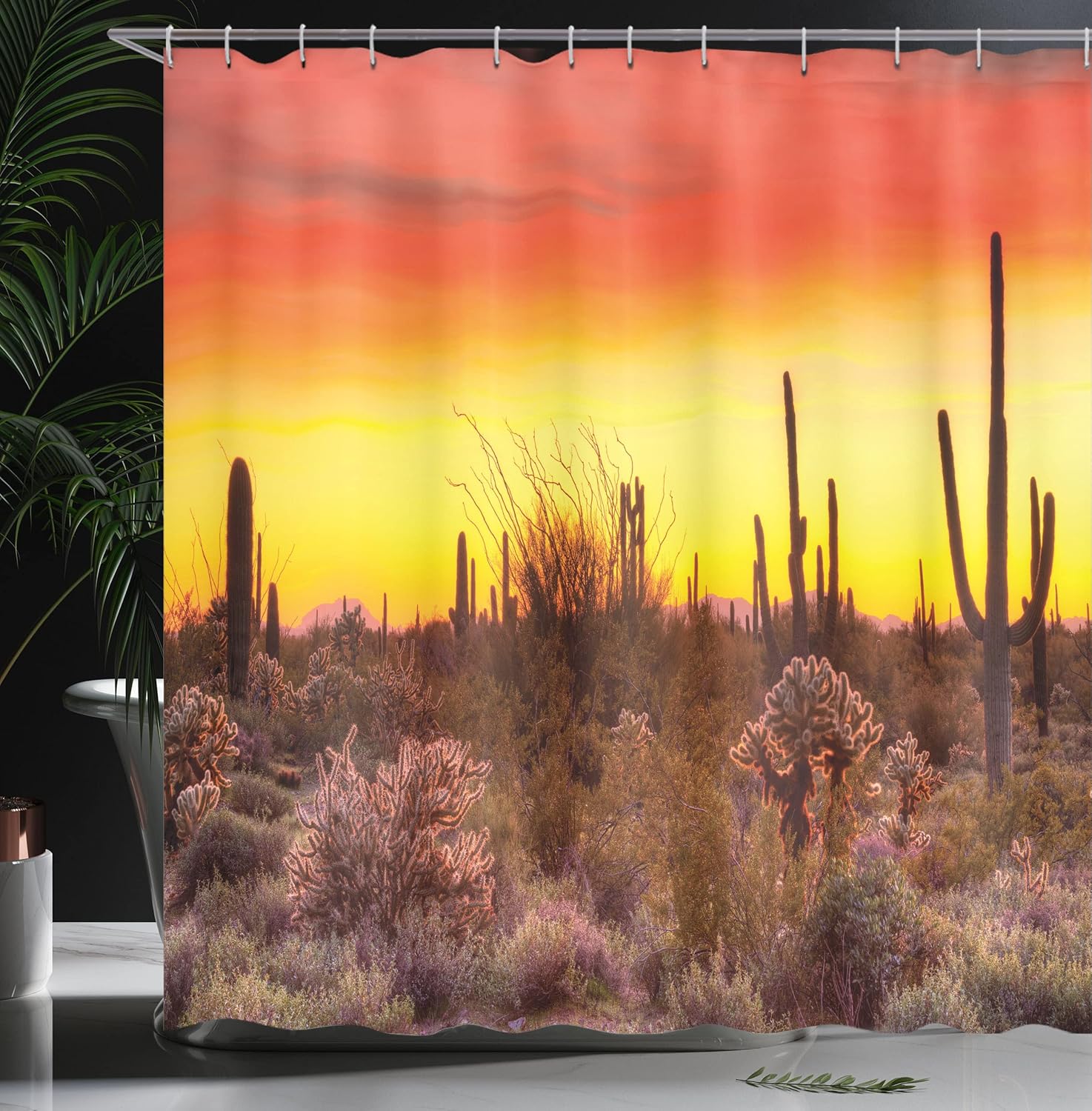 Ambesonne Saguaro Shower Curtain, Sun Rays Over The Sonoran Desert at The Sunset Scenery Brittle on a Bush with Shrub Vibrant Colors, Cloth Fabric Bathroom Set with Hooks, 69" W x 75" L, Orange Black
