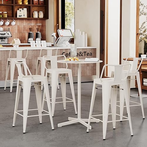 Miniatura 8 de Yongchuang Juego de 4 taburetes de bar de metal, taburetes de bar de 26 pulgadas, color blanco crema con respaldo de cocina, sillas de bar de altura