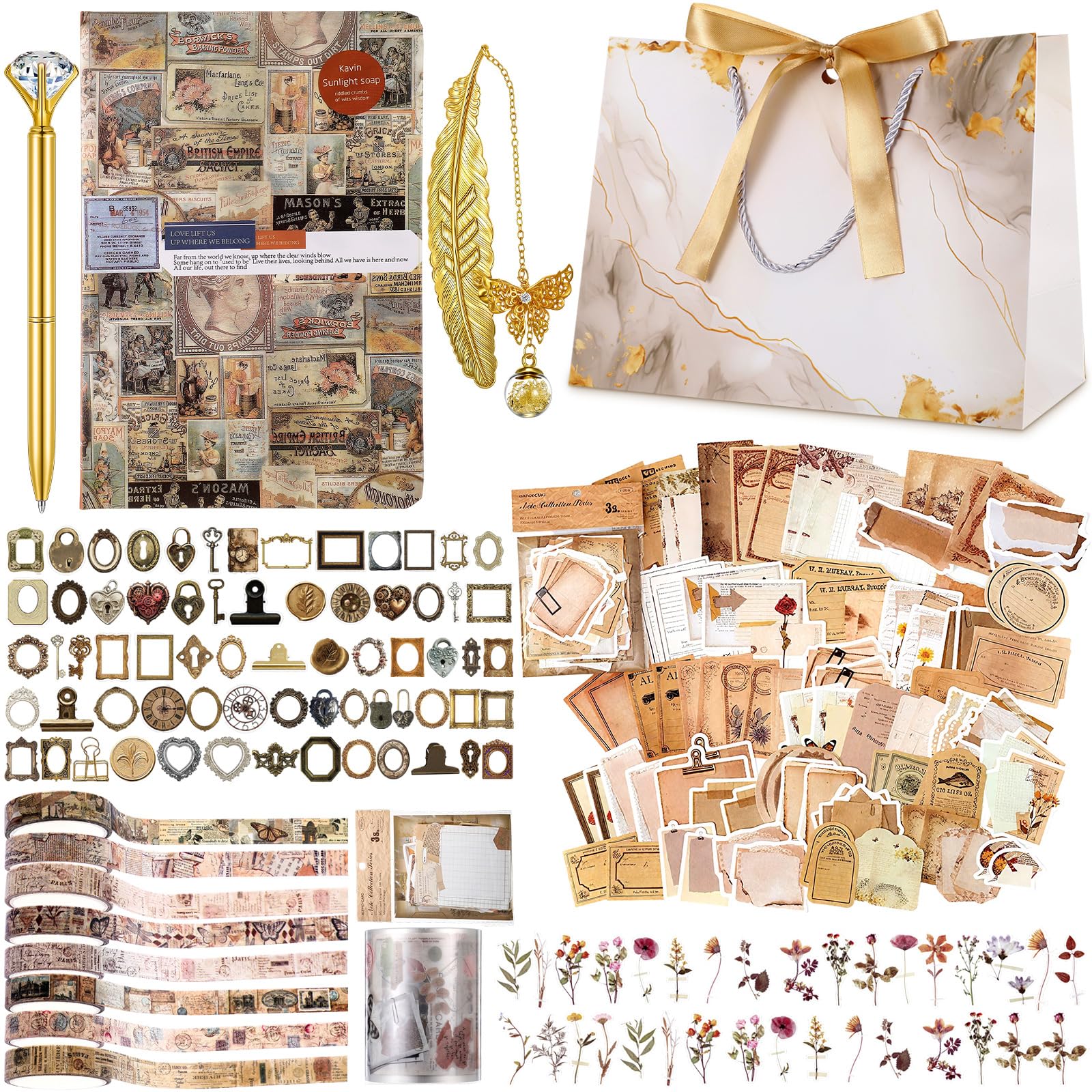 Kit de scrapbooking avec journal à faire soi-même avec serrure - Fournitures d'art et d'artisanat pour anniversaire, vacances, cadeau idéal pour femmes et adolescentes (marron, rétro)