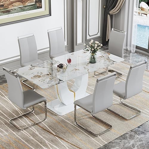 Miniatura 56 de JUFU Juego de mesa de comedor para 6 personas con sillas tapizadas de poliuretano, mesa y sillas de comedor de mármol sintético gris de 63 pulgadas,