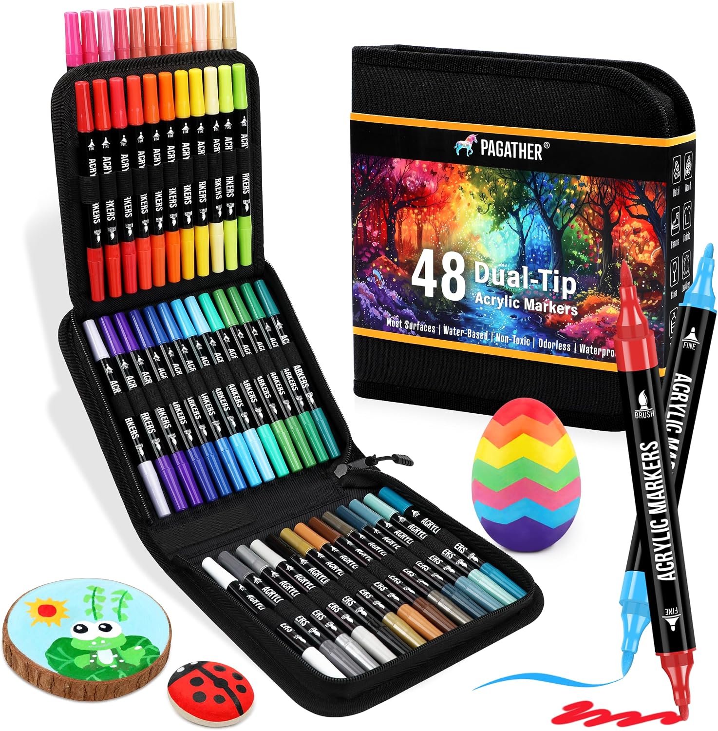 Pagather Acrylic Paint Markers, 48 Colors Dual Tip Fine & Brush Pens Set