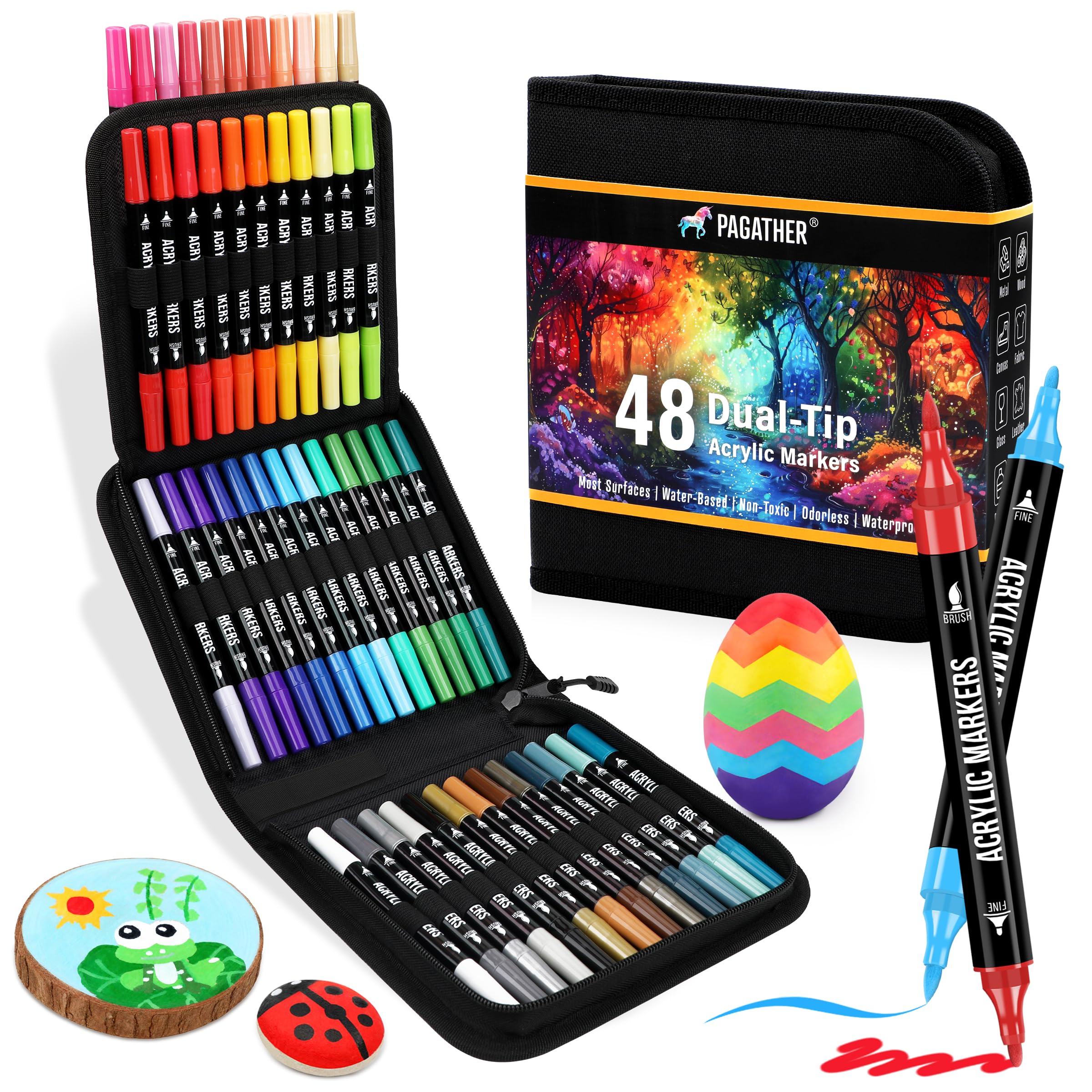 Pagather Acrylic Paint Markers, 48 Colors Dual Tip Fine & Brush Pens Set | For Rocks, Fabric, Wood, Glass & More, Perfect for DIY Crafts and Creative Art Projects with Bright, Smooth and Quick-Dry Ink Global Recycled Standard Global Recycled Standard Global Recycled Standard