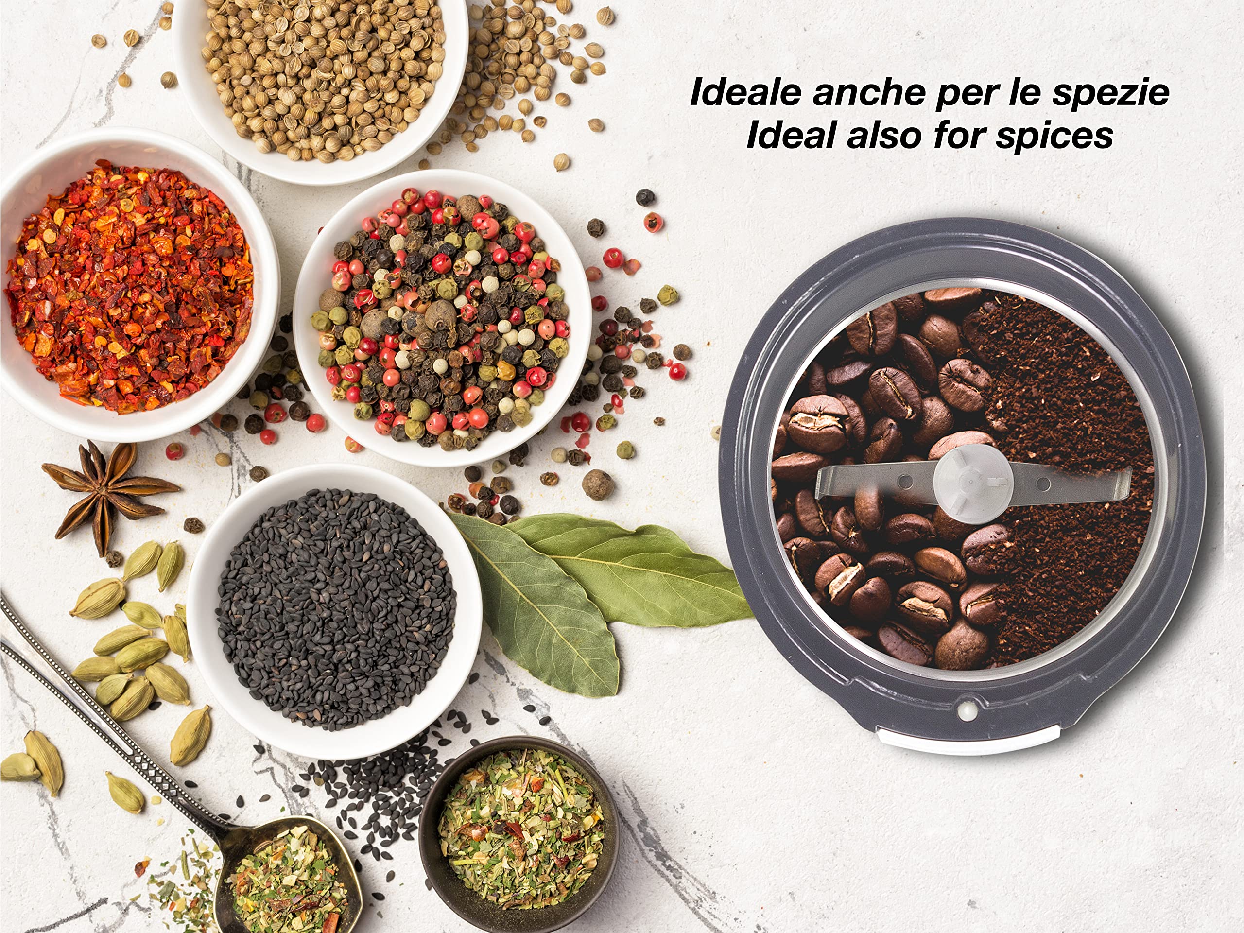 BEPER BP.581 Macina Caffe' Elettrico e Macina Spezie - Macinacaffè per Macinatura Istantanea di Chicchi di Caffè, Frutta e Semi