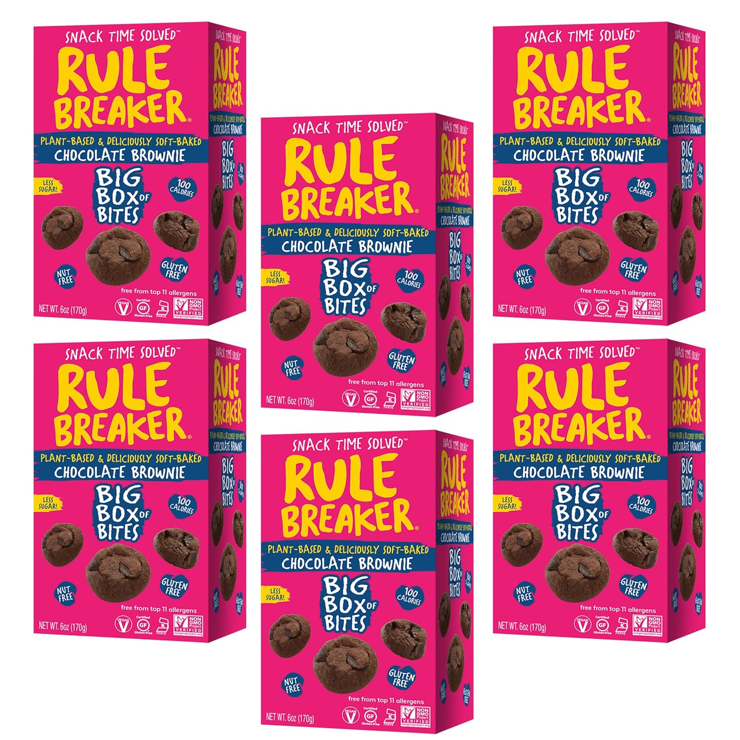 Rule Breaker Vegan & Gluten Free Cookies | Chocolate Brownie Big Box of Bites | Plant-Based, Top 11 Allergen-Free | Soft-Baked, Great for School, Office, Pantry | Better-For-You Bites (Pack of 6)