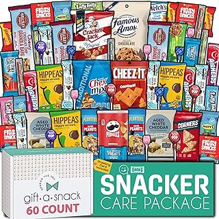 Gift A Snack - Snack Box Variety Pack Care Package + Greeting Card (60 Count) Xmas Birthday Sweet Treats Gift Basket, Candies Chips Crackers Bars Office Food Assortments & Variety Gifts