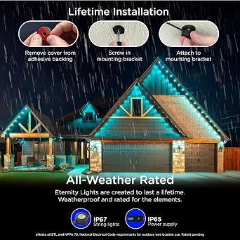Enbrighten Eternity Permanent Outdoor Lights, 150ft with 108 RGBWIC LED Lights, AppControlled, Cuttable, Christmas, Accent & YearRound Eave Lighting, Works with Alexa & Google Home, 85103