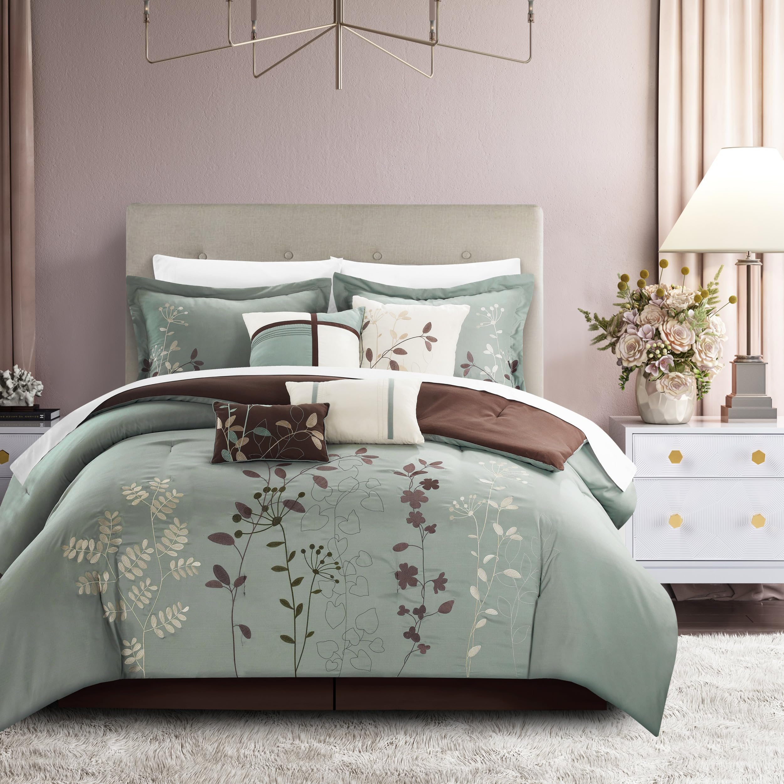 Chic Home Bliss Garden 8 Piece Embroidered Comforter Set, King, Sage