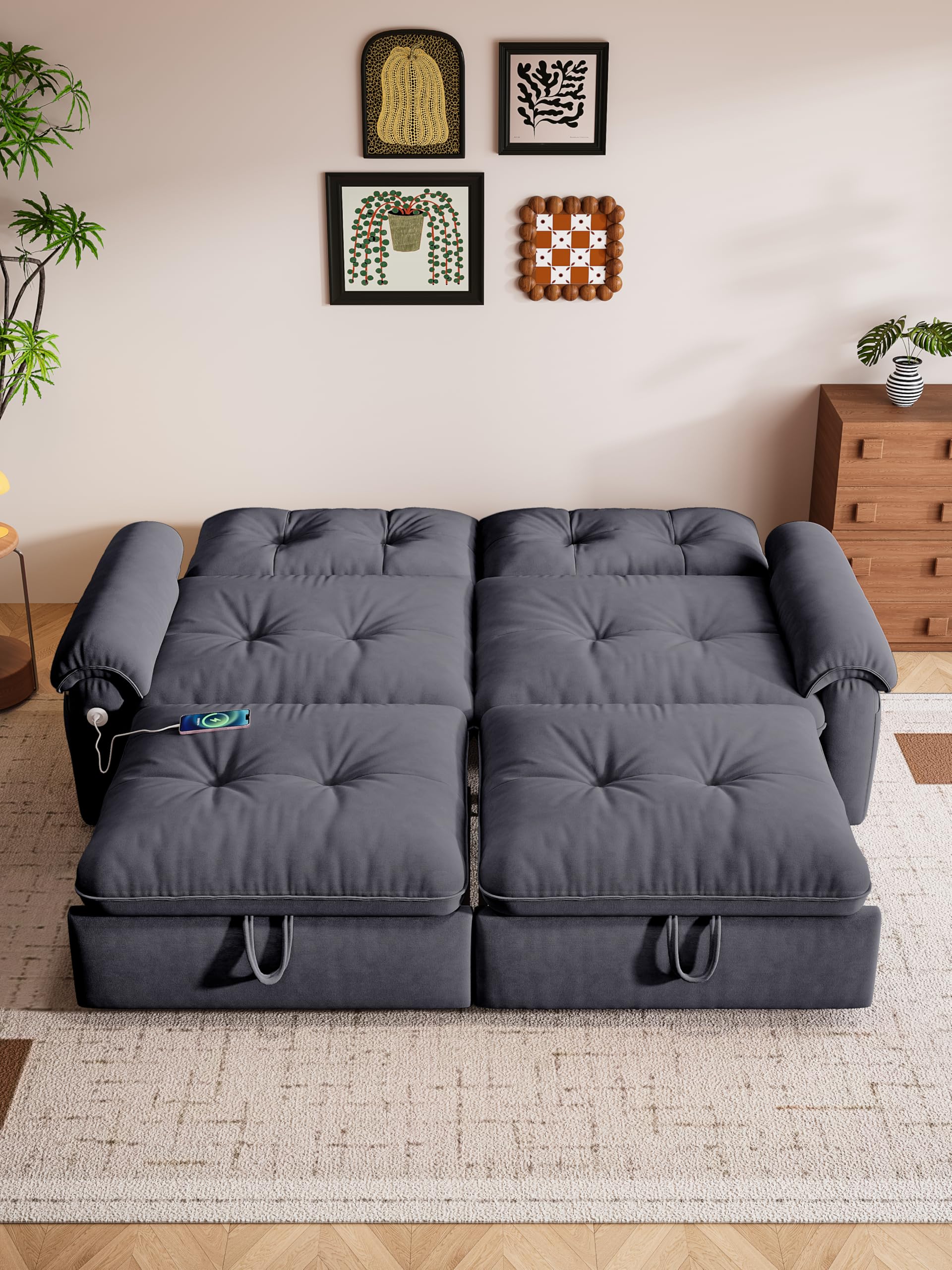 77" Queen Size Sofa Bed, 3-in-1 Convertible Sleeper Sofa Bed with Adjustable Backrest, Modern Velvet Couch with Side Pocket and USB Ports, for Living Rooms, Bedrooms, Small Spaces (Grey, 77.2inch)