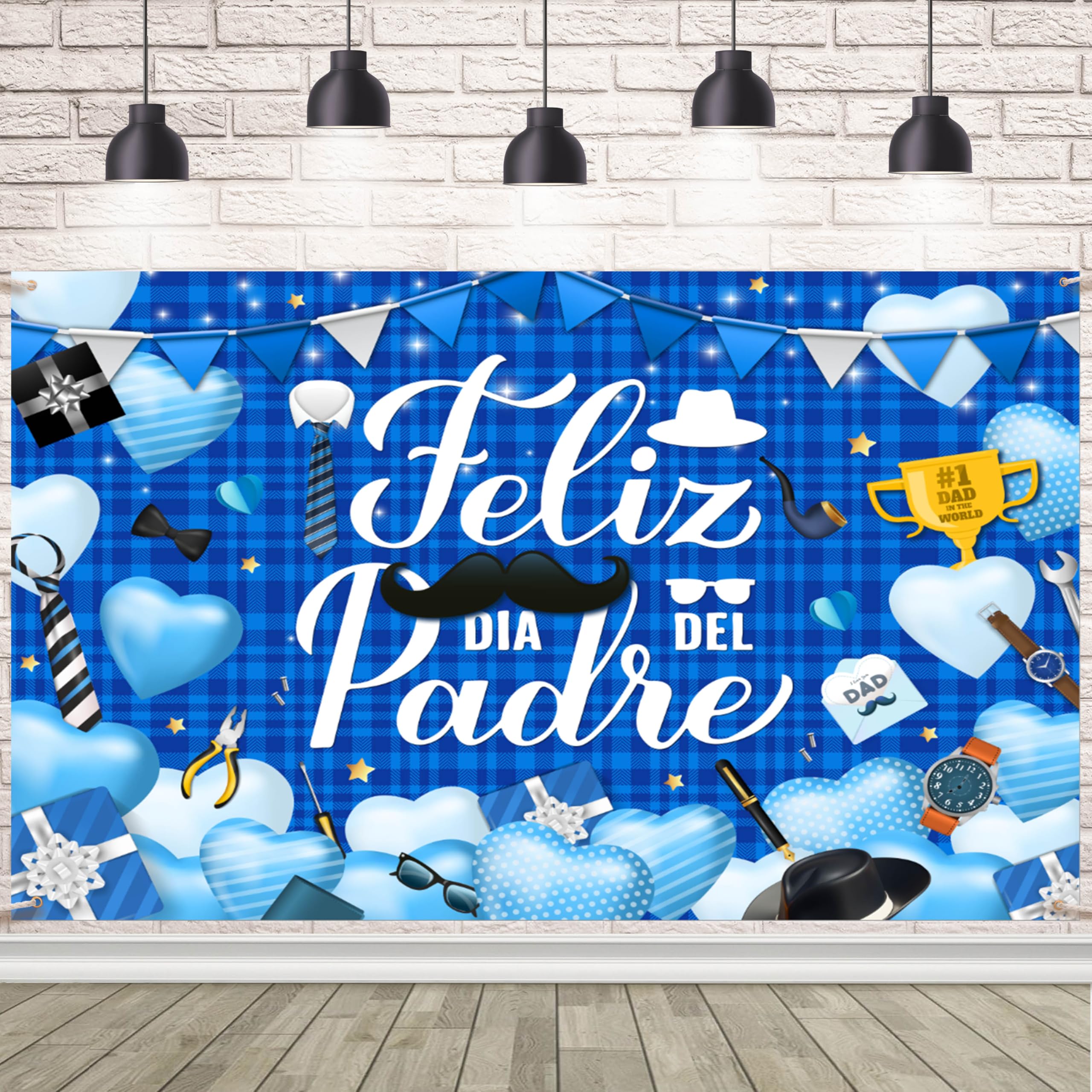 AIBIIN Large Fathers Day Banner Decorations Father’s Day Decoration Backdrop Feliz Día Del Padre Backdrop Spanish Tie Tool Party Supplies Photography