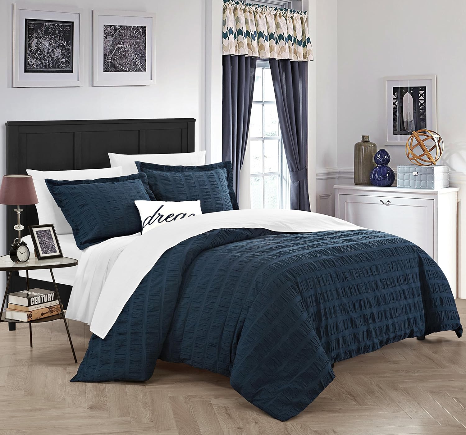 Chic Home 4 Piece Millbury 100% Cotton 200 Thread Count Organic Casual Ruffled and Pleated Textured Fabric King Duvet Cover Set Navy