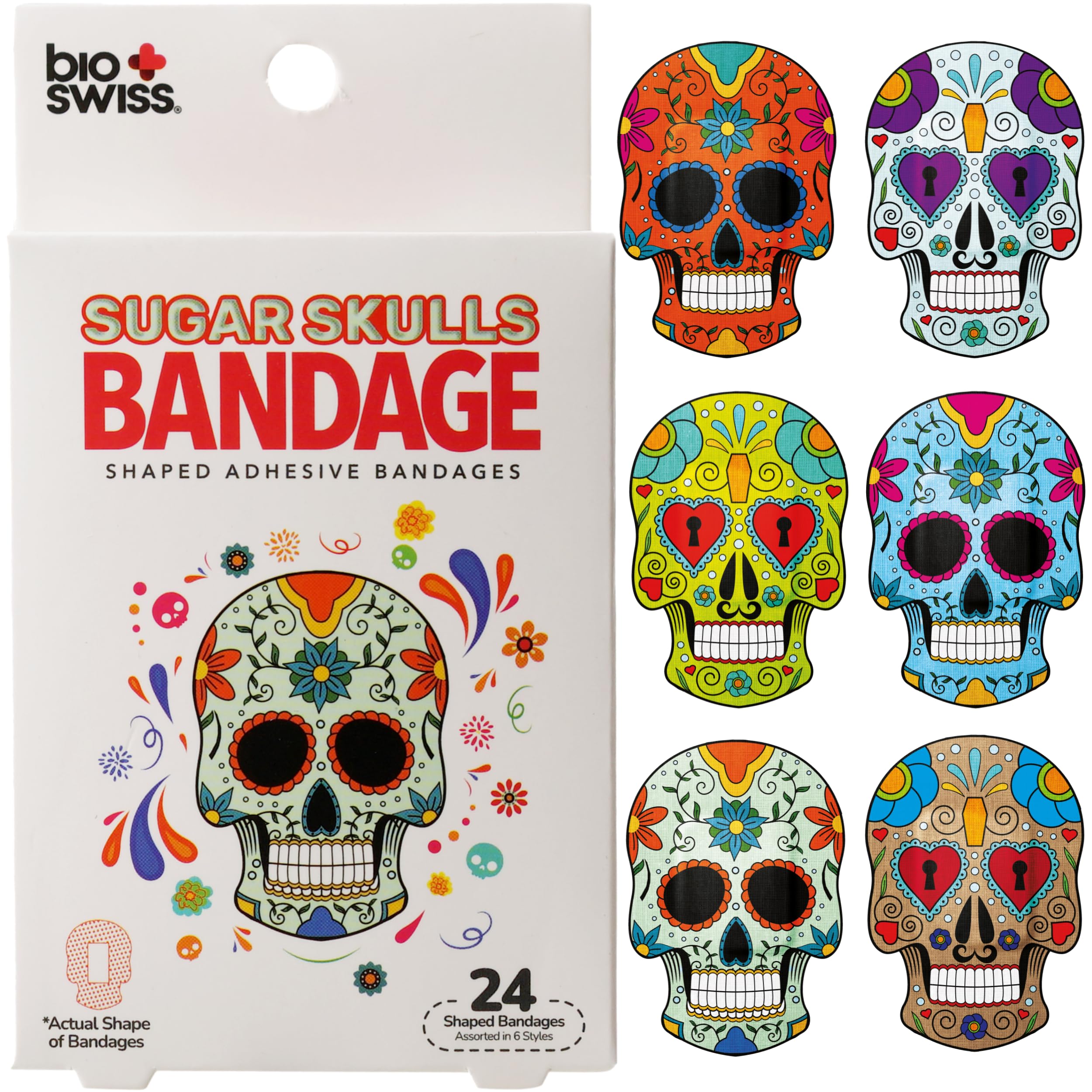 BioSwiss Bandages, Sugar Skull Shaped Self Adhesive Bandage Set, Latex Free, Sterile Wound Care, 24 Count