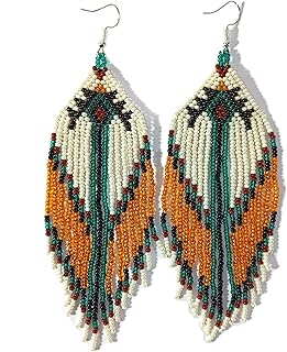 Long Beaded Dangle Earrings – Boho Native Handmade Seed Bead Tassel Bohemian Large Statement Drop Fringes for Women and Gi...