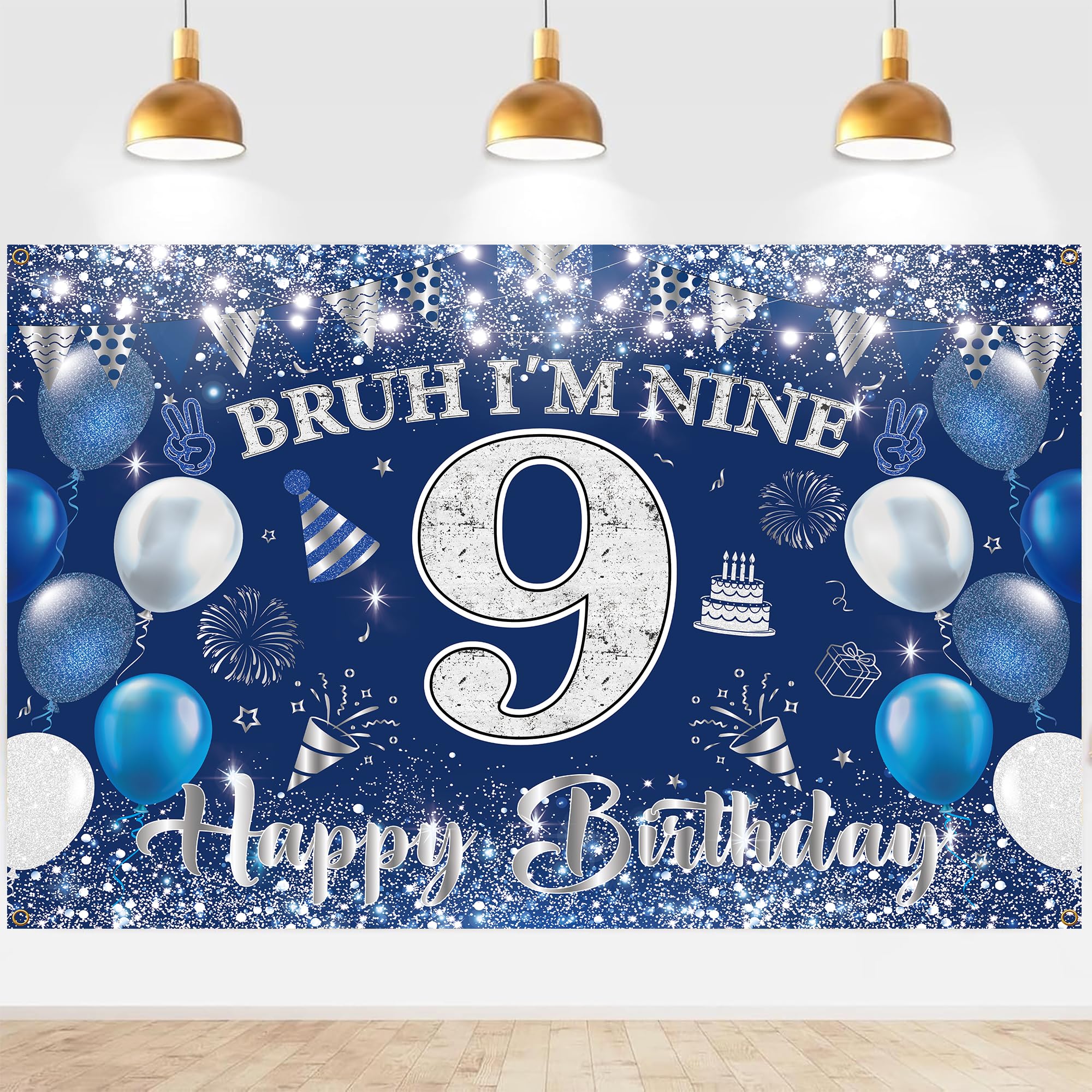 9th Birthday Decorations Backdrop Banner - 180 x 110 cm Blue Silver Bruh I'm Nine 9 Happy Birthday Backdrop for Boys Funny 9 Year Old Party Decoration Supplies Indoor Outdoor Photo Booth Background