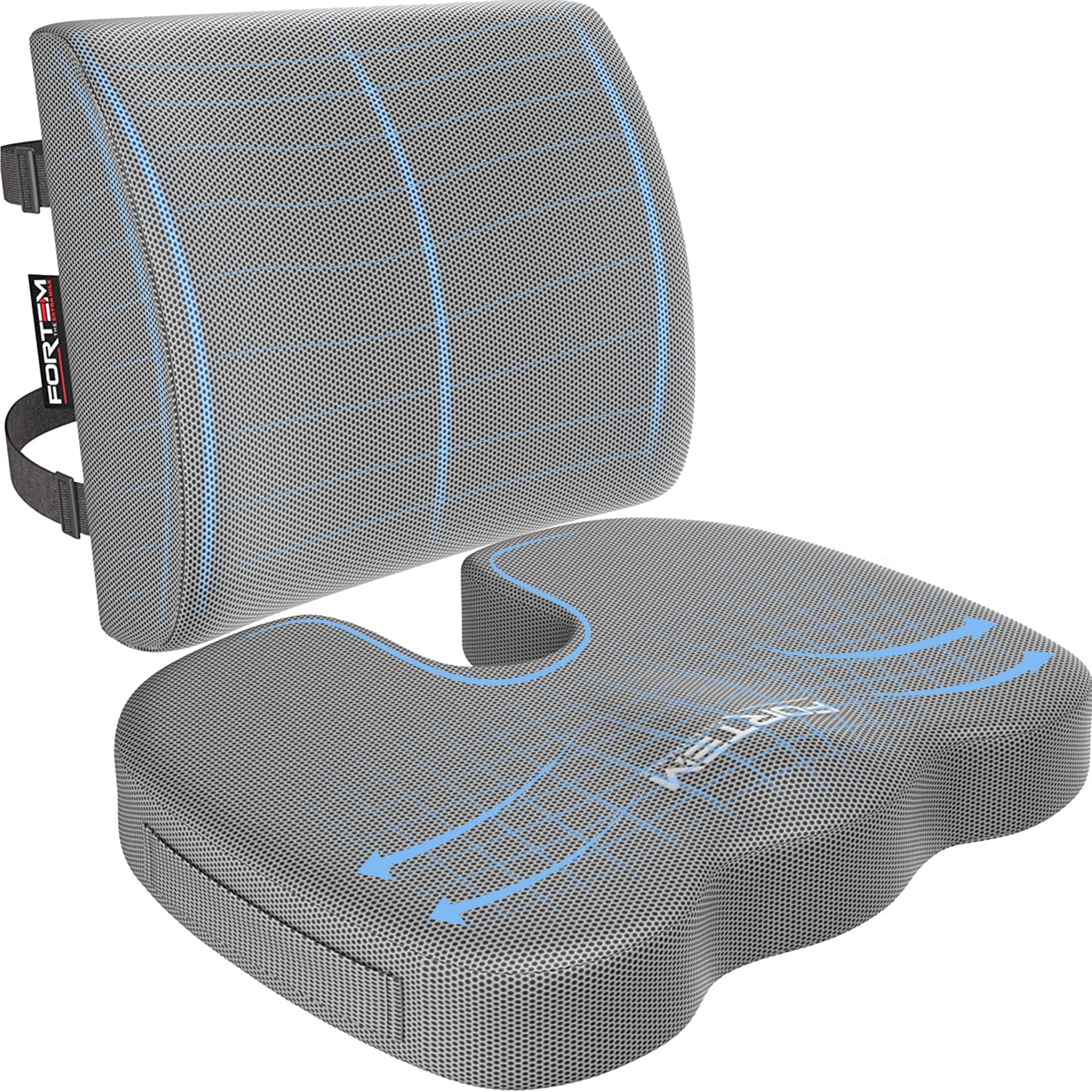 FORTEM Coccyx Cushion, Office Chair Cushion and Back Support for Office Chair, Lumbar Support Pillow, Memory Foam, Non Slip Sitting and Back Rest for Gaming, Chair Pad