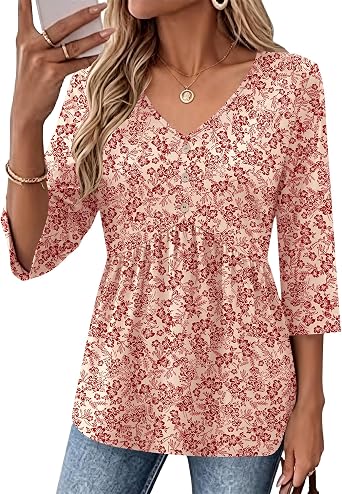 AKEWEI 3/4 Sleeve Babydoll Tops for Women Peplum Shirts Empire Waist Tunics