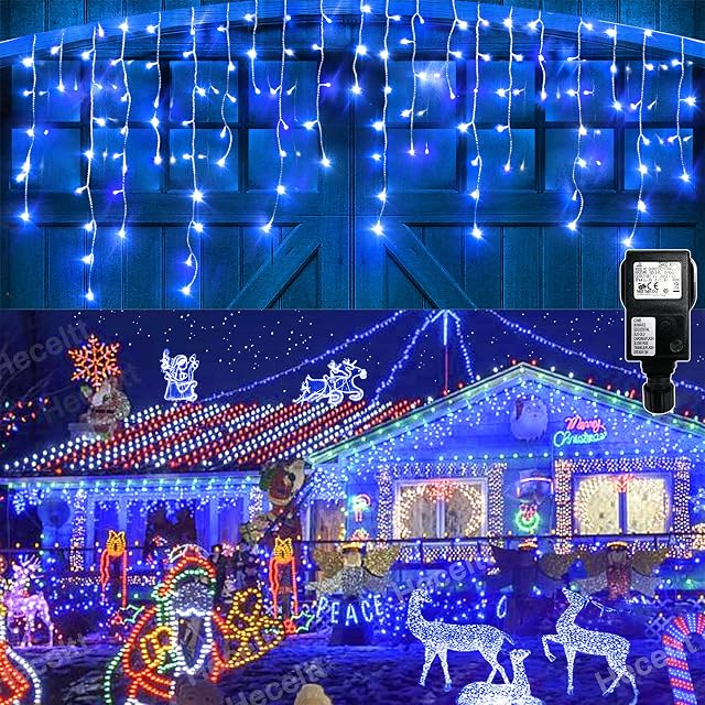 Heceltt Icicle Lights Christmas Outdoor Decorations, 12m 450 LEDs Icicle Fairy House Lights 8 Modes Mains Powered, Clear Wire Waterproof Curtain Fairy String Lights for Roof Window Decor(Blue)