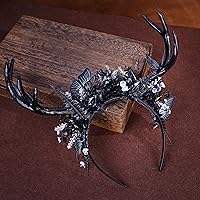 Vista 5 de MOSTORY Diadema hecha a mano con cuernos de ciervo negro, corona de elfo gótico, corona de elfo, bosque oscuro, mariposa, para mujeres y niñas