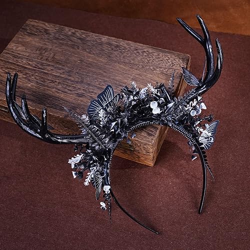 Miniatura 5 de MOSTORY Diadema hecha a mano con cuernos de ciervo negro, corona de elfo gótico, corona de elfo, bosque oscuro, mariposa, para mujeres y niñas,