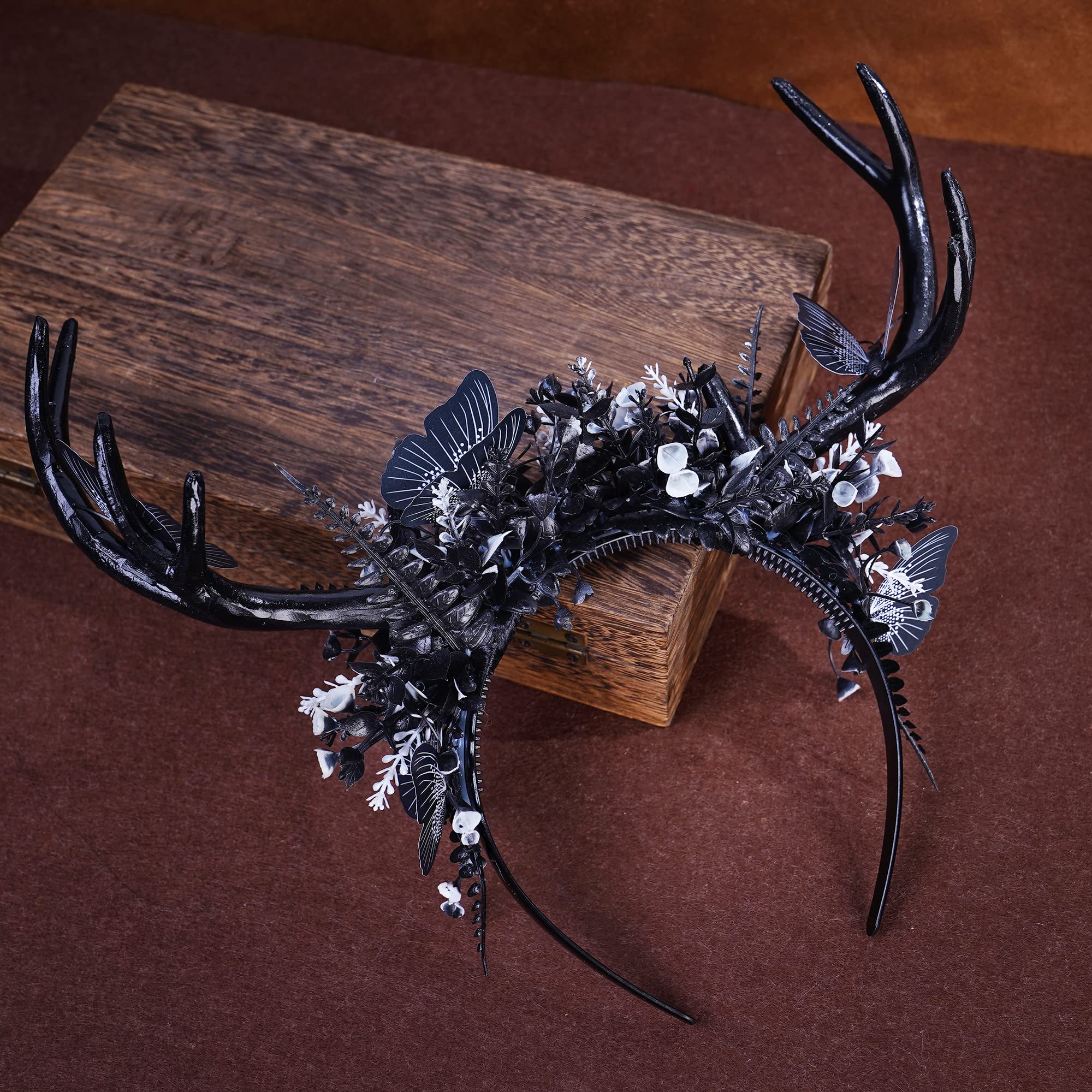 MOSTORY Gothic Antlers Headband for Witch Costume Women Black Headdress with Flower and Butterfly for Halloween Cosplay Renaissance Carnival - Image 4