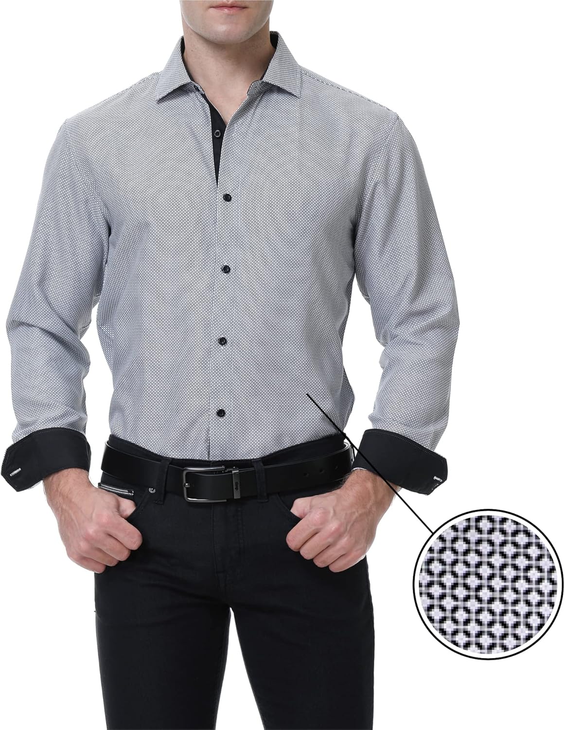 WARHORSEE Mens Casual Button Down Dress Shirts Long Sleeve 4-Way Stretch Collared Printed Business Work Shirt - Image 2