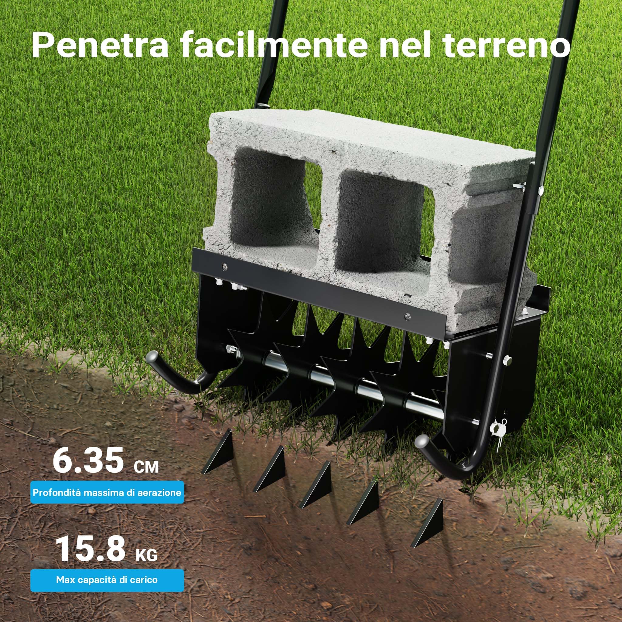 Wiltec Arieggiatore prato a dischi, 44 x 20,3 x 100 cm cm manuale, con ripiano porta pesi, Aeratore prato giardino