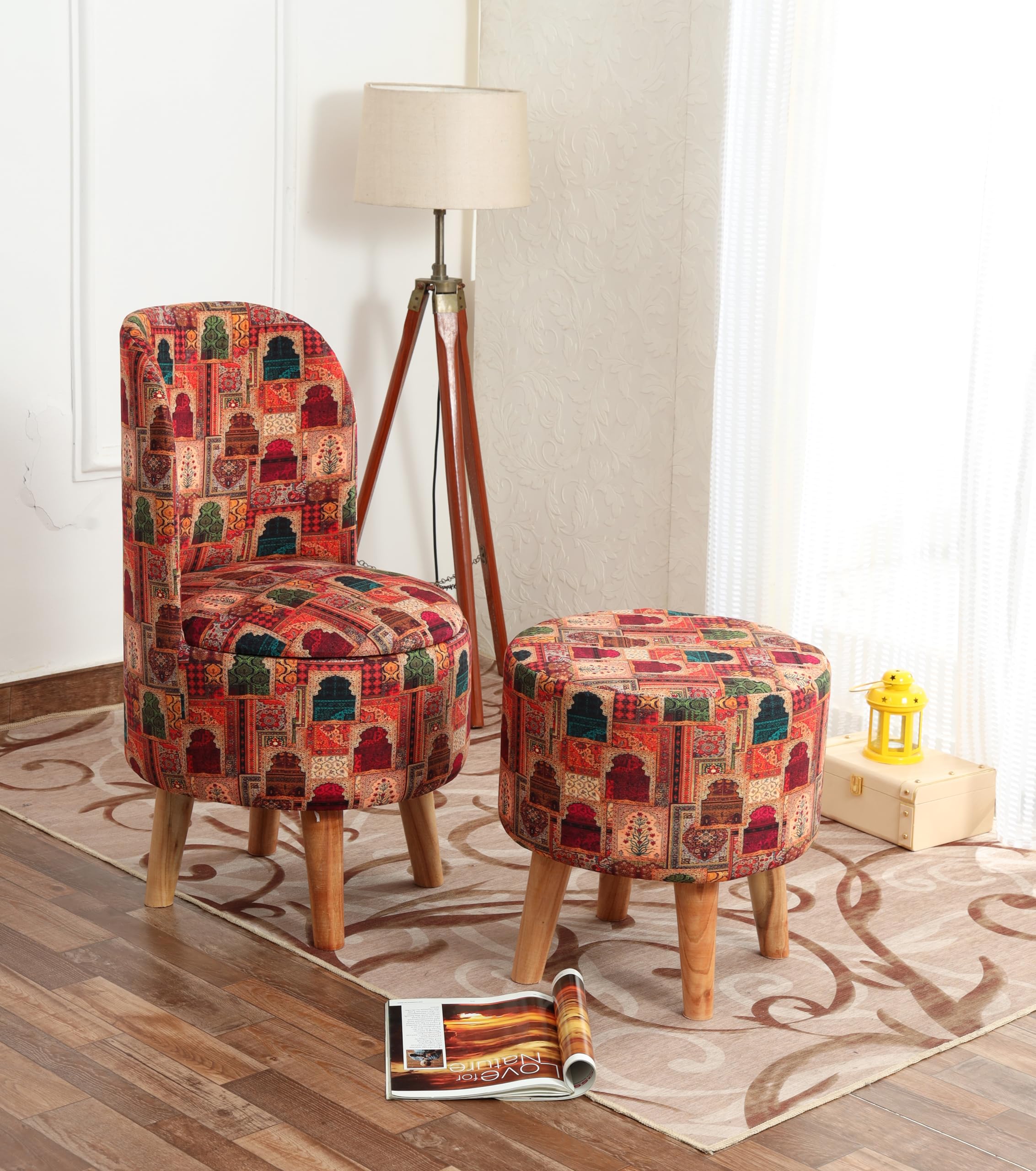 NACIA Printed Ottoman Pouffes Chair Stool for Living Room Furniture Sitting Dressing Table Pouf Sofa Puffy Stool Room, Pouffes for Sitting Foot Rest, (Darbar Chair)