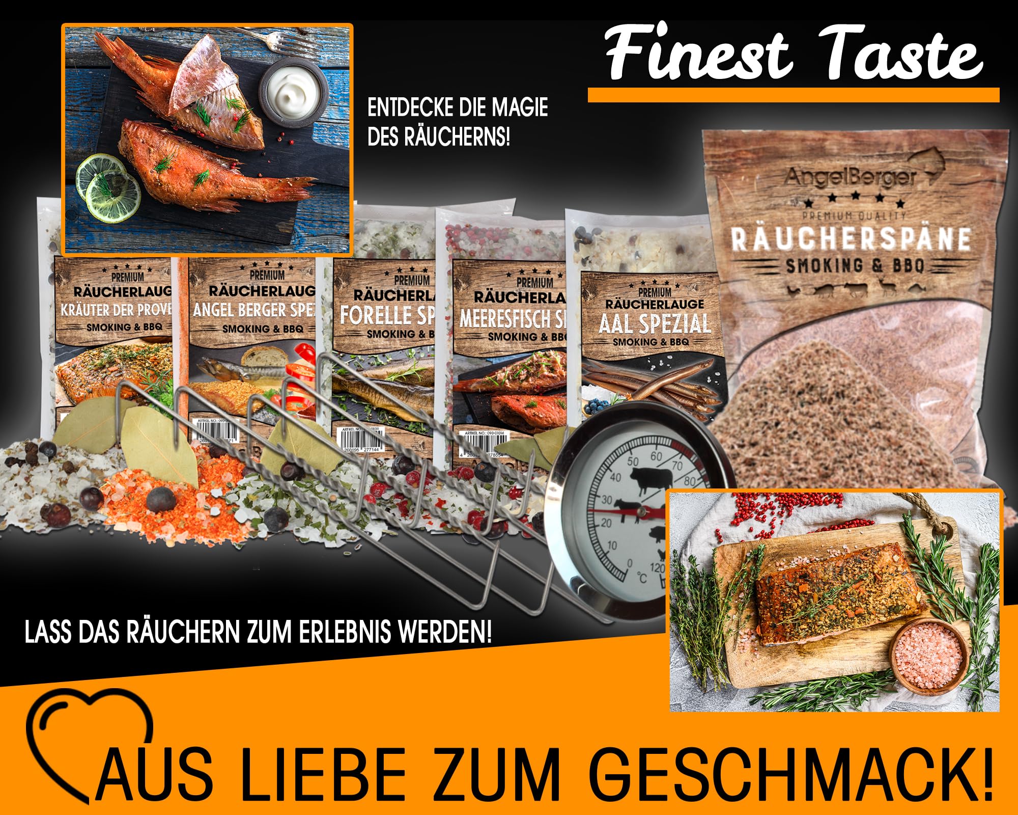 Angel-Berger Räucherset Räucherpaket Geschenk Räuchern Räucherlauge Räuchermehl Räucherhaken Räucherthermometer