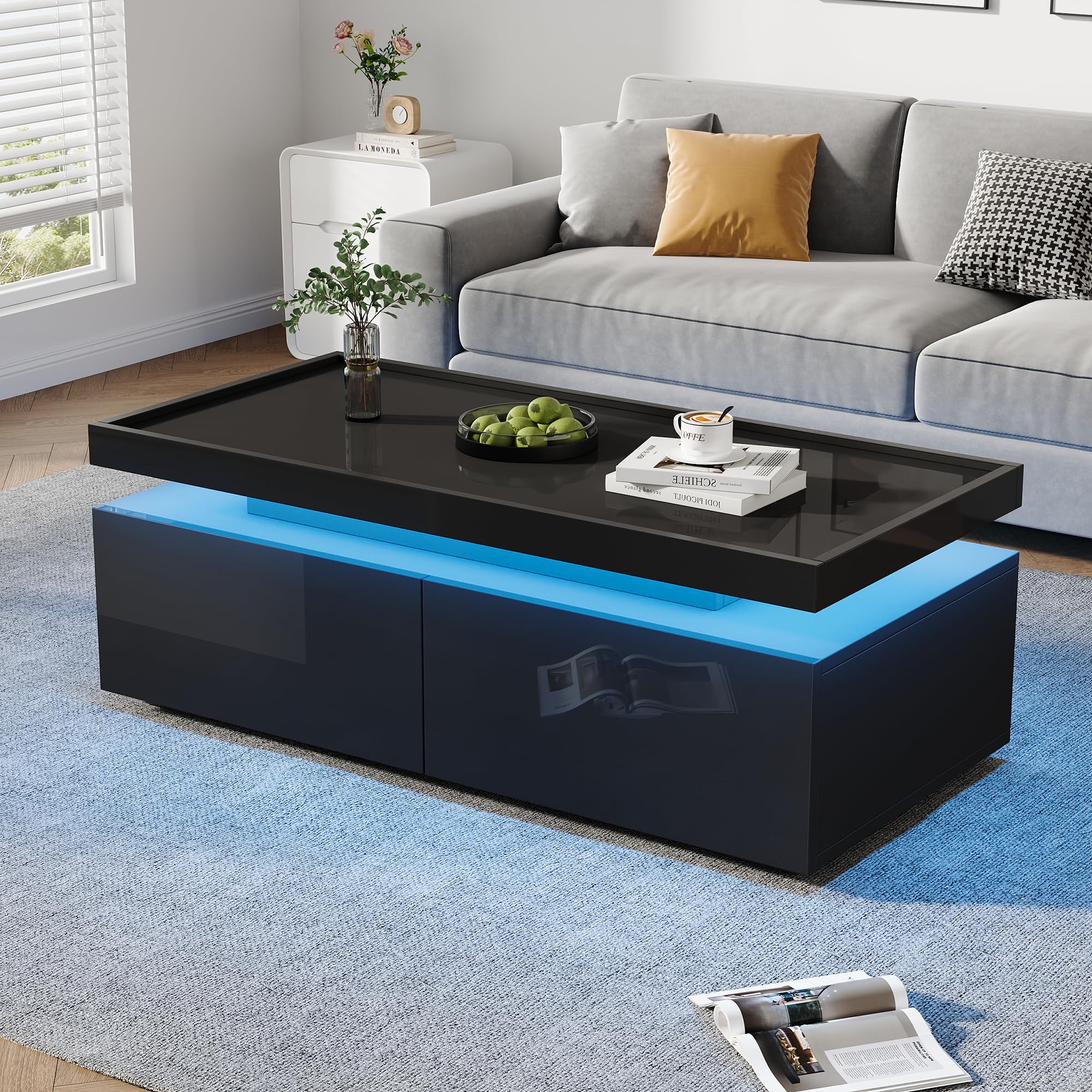 Stolik kawowy 95 x 45 x 35 cm czarny | stół do salonu, stolik kawowy | Nowoczesny stół do salonu z diodami LED, miejscem do przechowywania i szufladami – idealny jako stolik na co dzień i