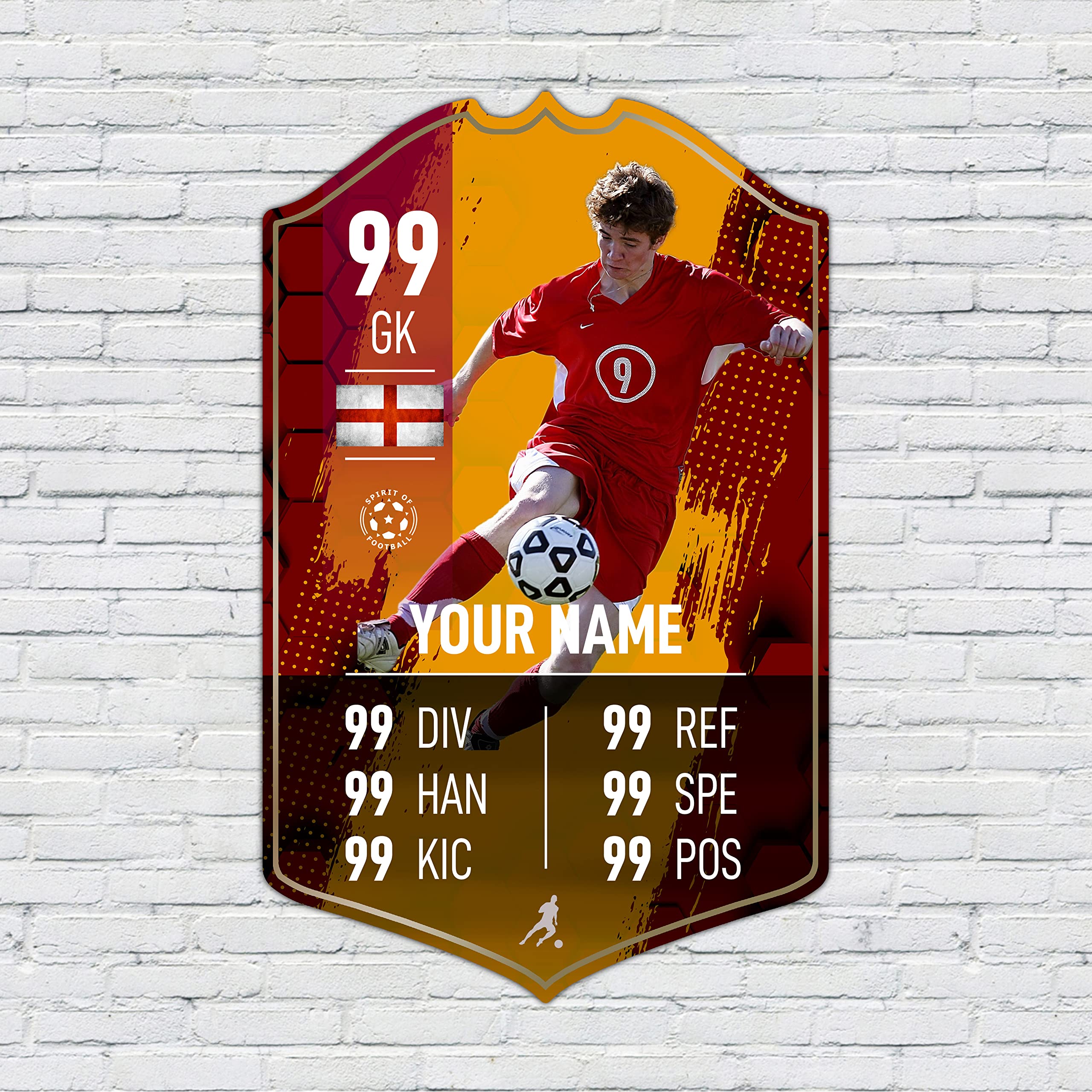 ShopQuality4U Personalised Football Cup Goalkeeper Stats Card Sign - Orange Strip Printed Metal Shield Sign Wall Art A4 Goalkeeper Add Name (28x17cm)