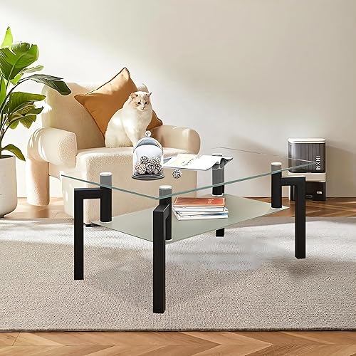 Miniatura 8 de Mesa de centro rectangular de vidrio templado, mesa de té de 2 niveles, mesa auxiliar moderna con estante inferior y patas de madera, mesa de centro