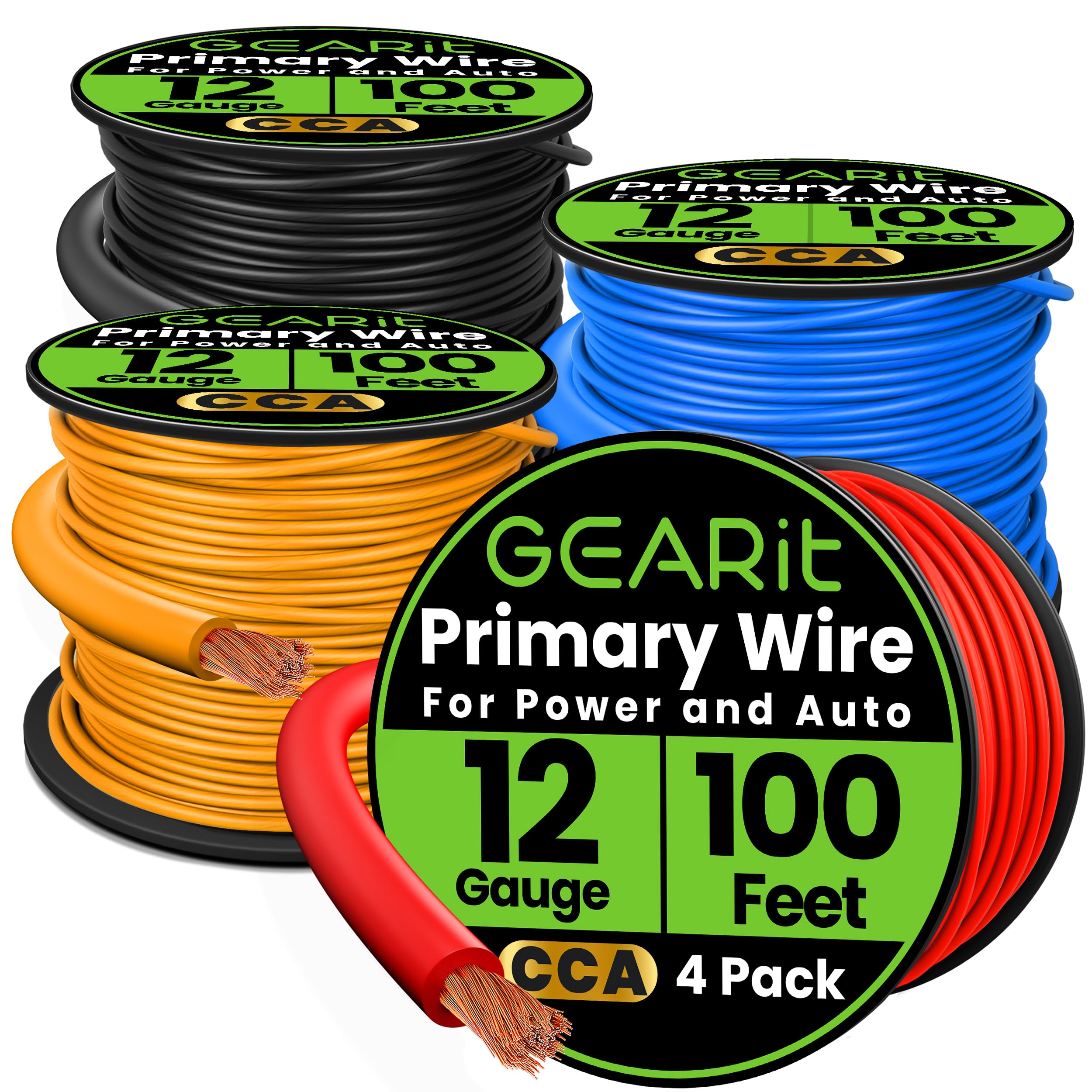 GearIT Primary Automotive Wire 12 Gauge (100ft Each- Black/Red/Blue/Yellow) Copper Clad Aluminum CCA - Power/Ground Battery Cable, Car Audio, Wire, Trailer Harness, Electrical Wire - 400 Feet Total