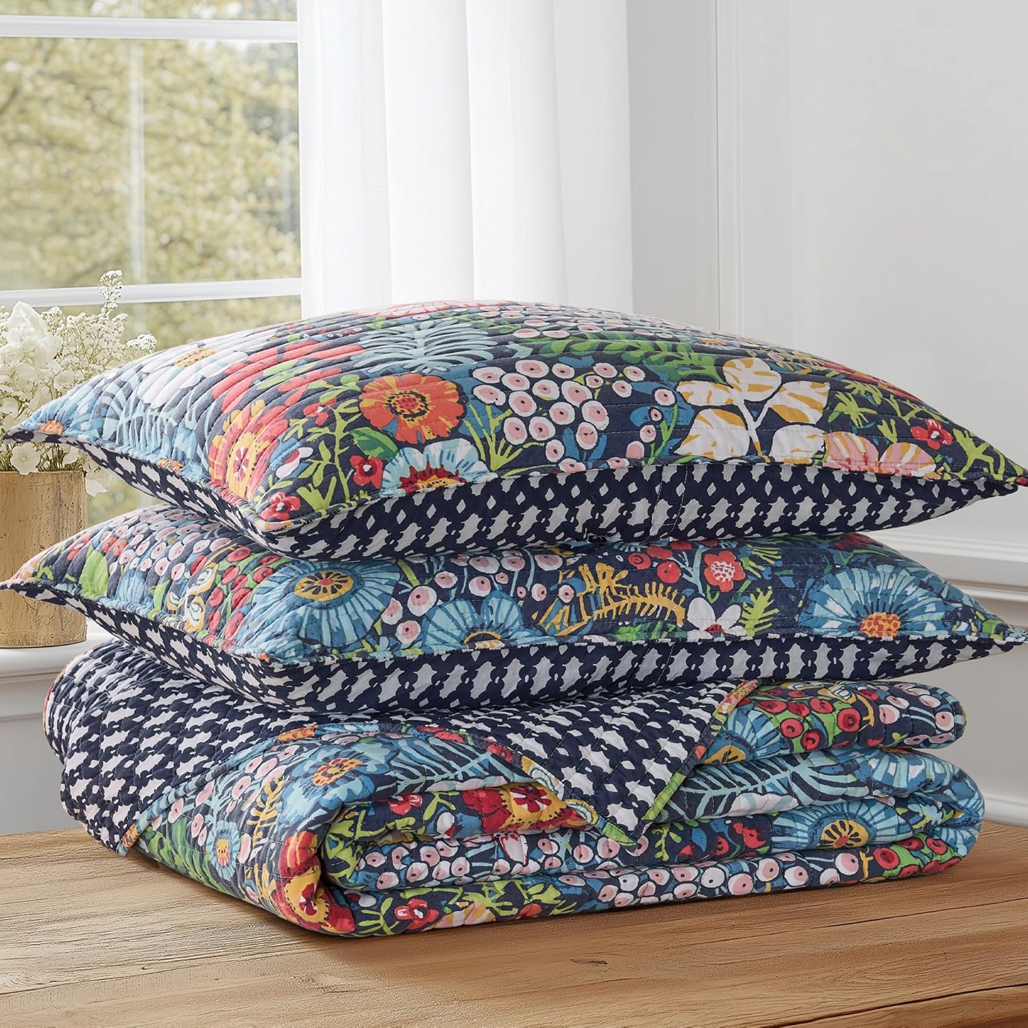 Levtex Home - Night Garden Quilt Set - Full/Queen Quilt and Two Standard Shams - Bold Floral - Navy Red Pink Green Ochre White - Quilt (88x92in.) and Shams (20x26in.) - Reversible - Cotton