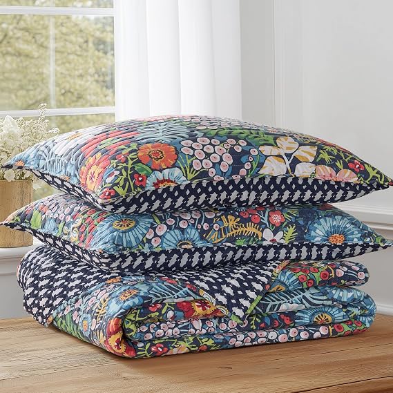 Levtex Home - Night Garden Quilt Set - Full/Queen Quilt and Two Standard Shams - Bold Floral - Navy Red Pink Green Ochre White - Quilt (88x92in.) and Shams (20x26in.) - Reversible - Cotton
