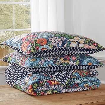 Levtex Home - Night Garden Quilt Set - Full/Queen Quilt and Two Standard Shams - Bold Floral - Navy Red Pink Green Ochre White - Quilt (88x92in.) and Shams (20x26in.) - Reversible - Cotton