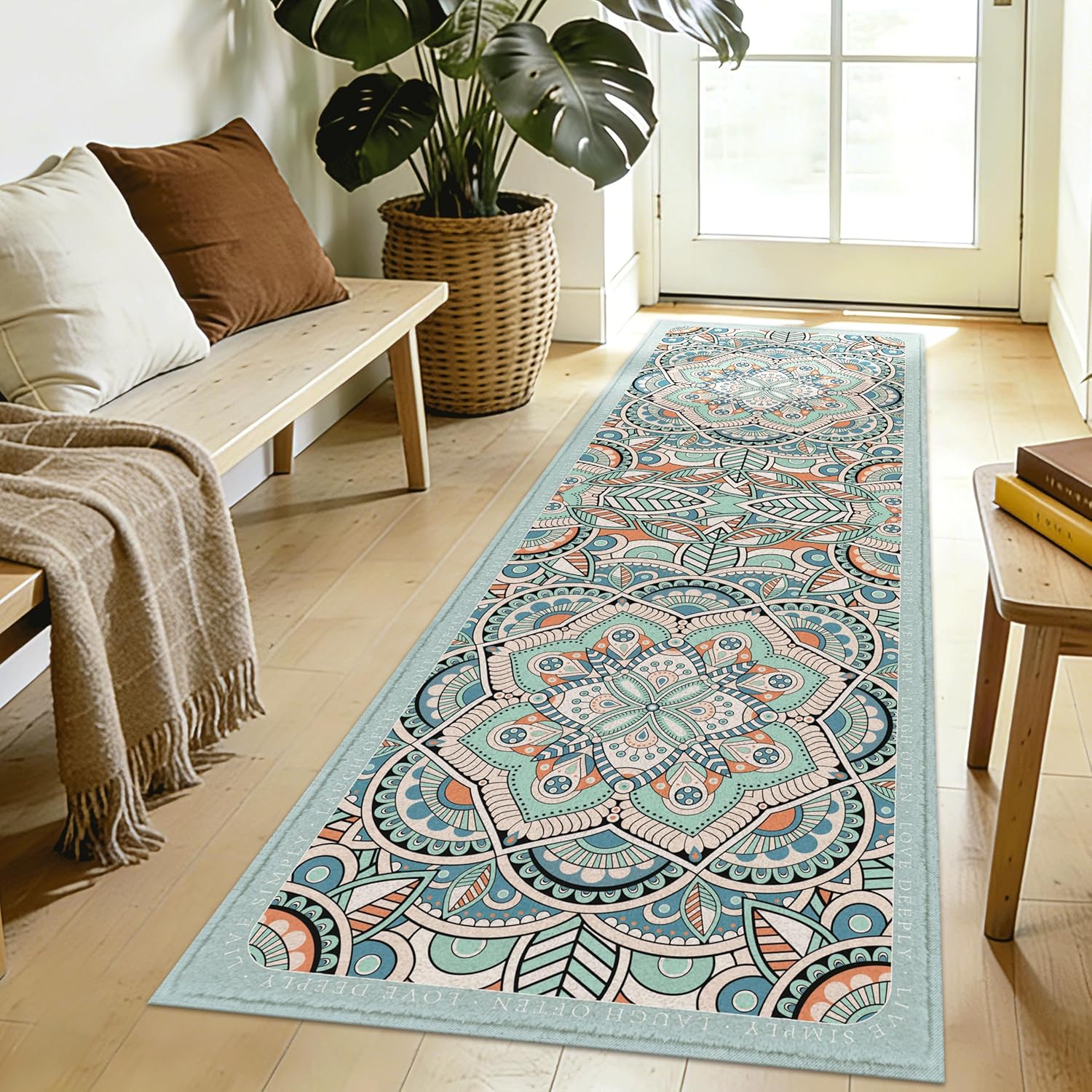 2x6 Hallway Runner Rug, Washable Soft Non Slip Low Pile Runner Rugs Modern Farmhouse Decor Floor Carpet for Kitchen Bedroom Laundry Blue