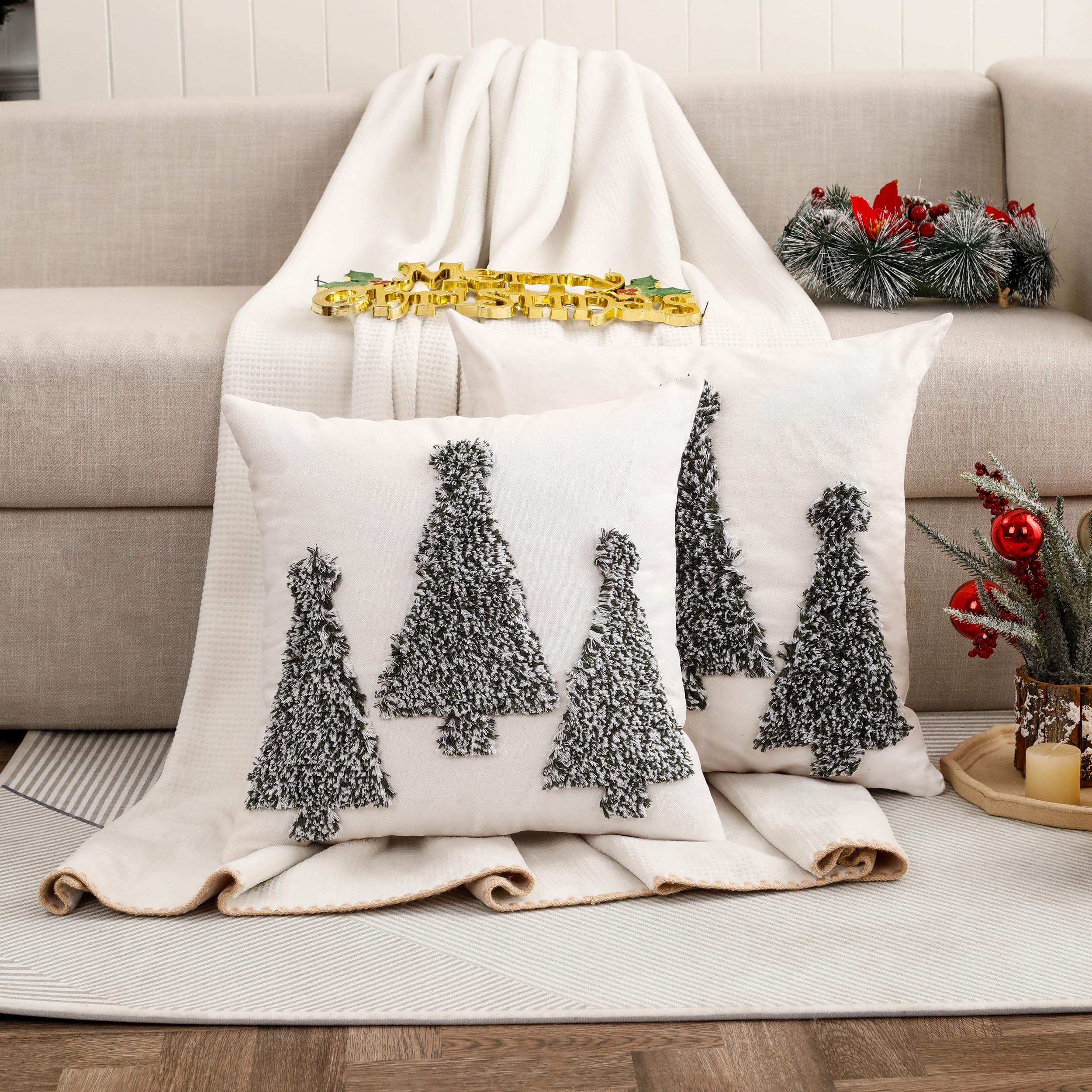 Tosleo Winter Pillow Covers Three Green Christmas Trees Set of 2 Throw Pillow Cover Cotton 20 x 20 Inch Party Decorations Winter Holiday Soft Cushion Case for Sofa Couch Bed Living Room - Image 2