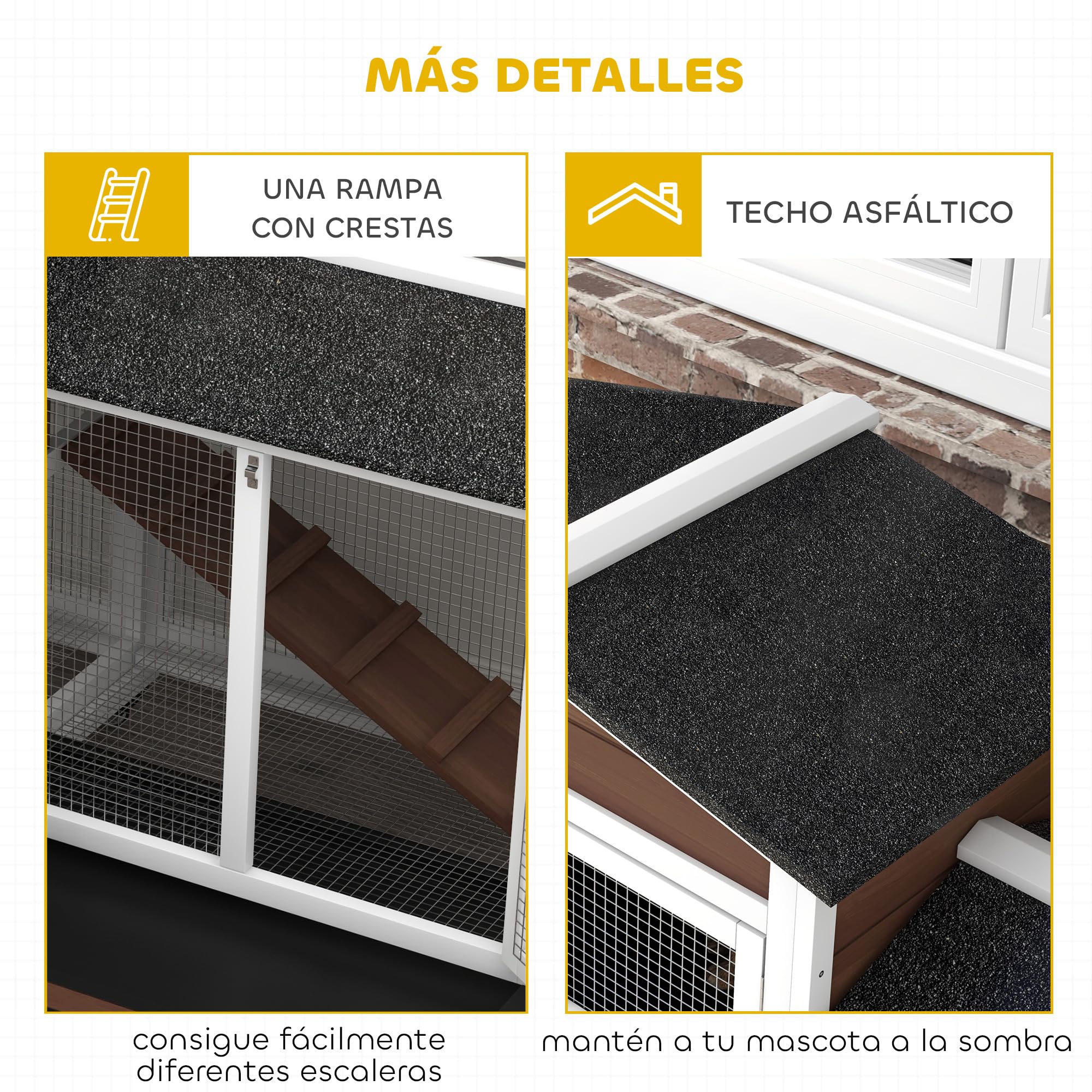 PawHut Conejera de Madera con Ruedas 157,4x53x99,5 cm Jaula para Conejos Grande con Techo Asfáltico Bandejas Extraíbles y Rampa para Exterior e Interior Marrón