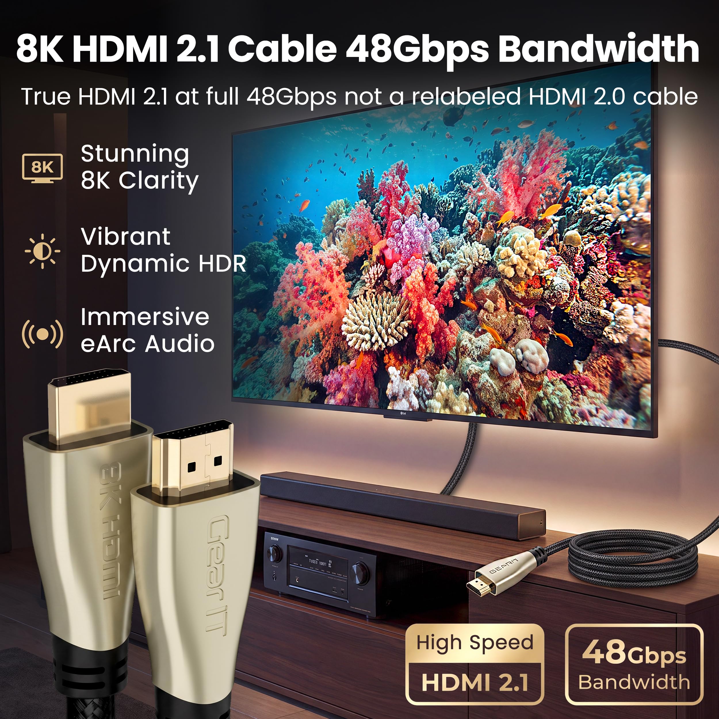 GearIT Premium trenzado HDMI 2.1 8K 60Hz 48Gpbs Cable 3 m 5 unidades