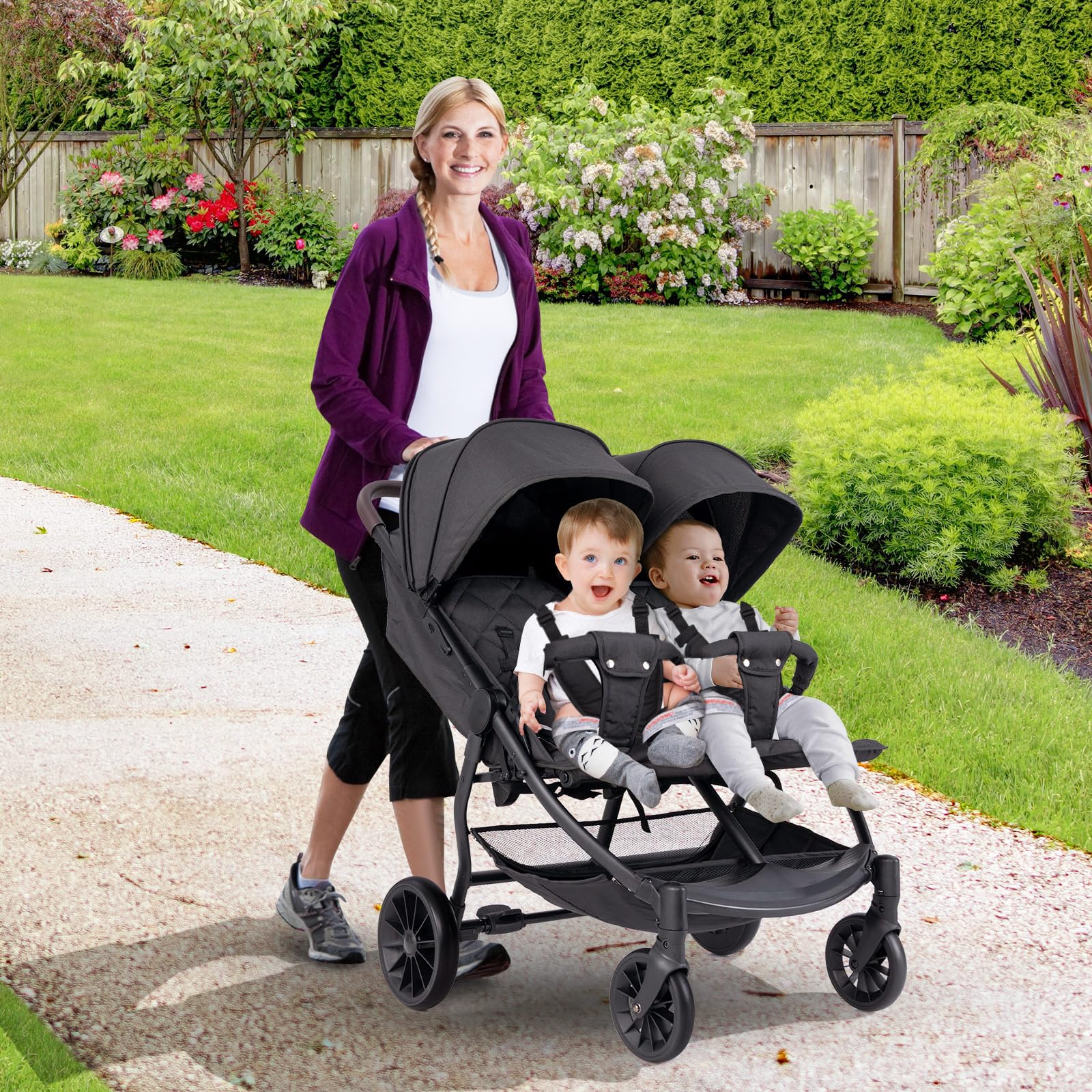 LIFEZEAL Passeggino gemellare, passeggino per gemelli pieghevole, passeggino doppio con schienale reclinabile in 3 posizioni, imbracatura a 5 punti, per bambini da 0 a 3 anni (grigio scuro)