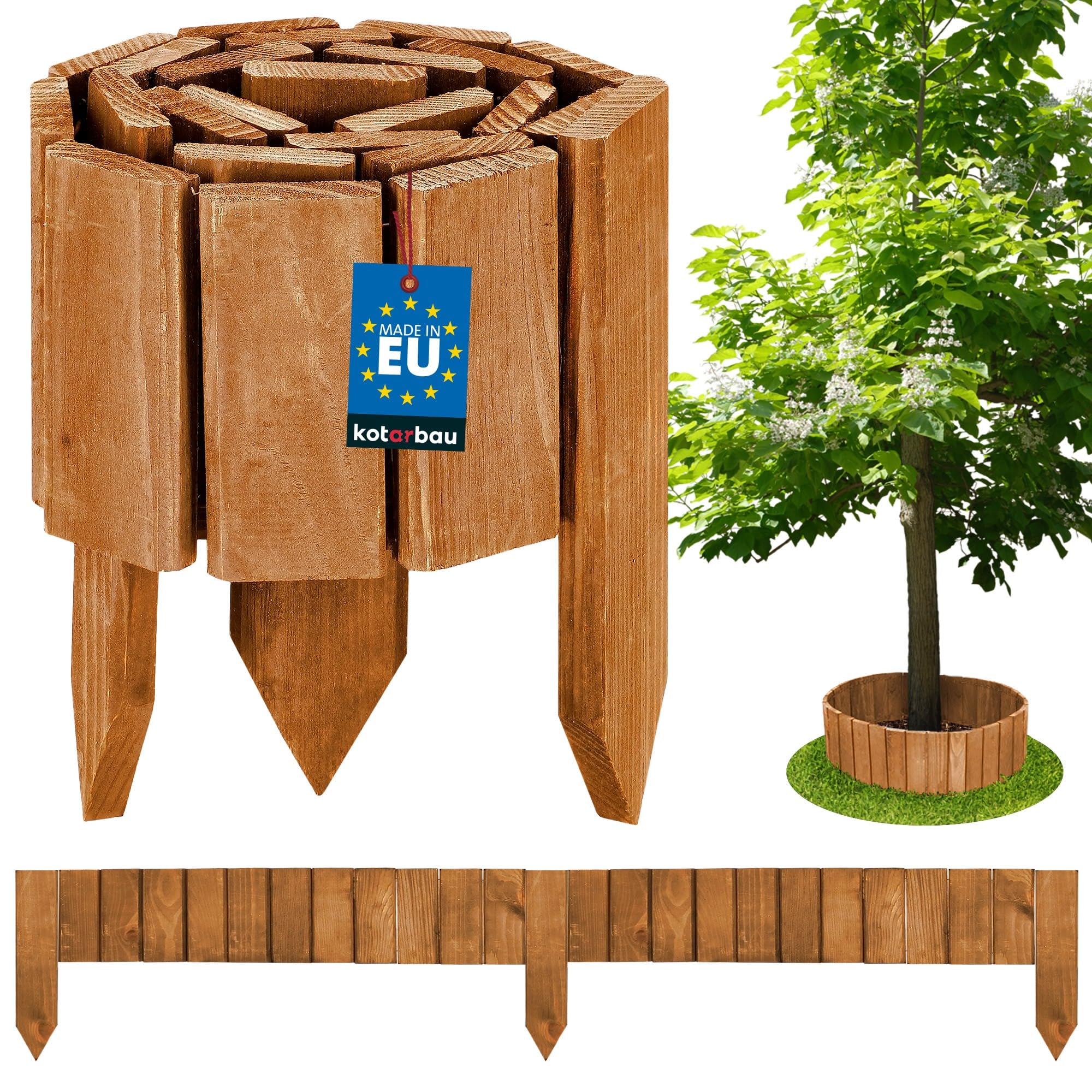 KOTARBAU® Lawn Edging - Garden Edging Border - Pine Wood - 110x10 cm (43.3x3.9 inches) - Oak Colour - Flexible Log Roll Border - Wooden Mini Fence - Garden Decoration — image 1