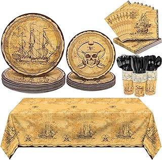 durony 169 Pieces Pirate Tableware Set Pirate Treasure Theme Birthday Party Supplies Pirate Plastic Tablecloth Plates Napkins Cups Favors for Treasure Theme Birthday Party, Treasure Map Party Decors