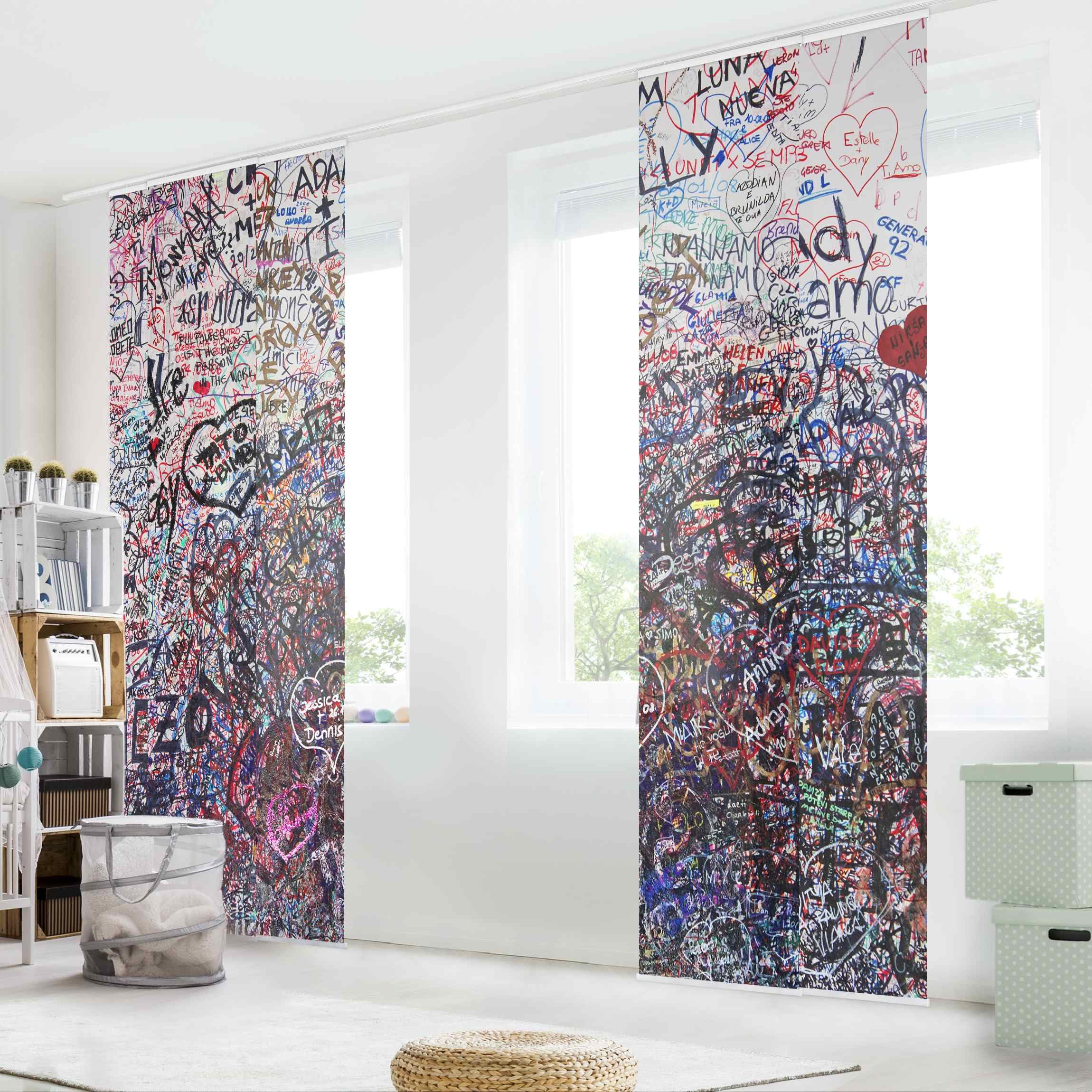 Schiebegardine halbtransparent 60er Paneel Klett Steinoptik Textil lichtdurchlässig - Worte Typo Flächenvorhang Wohnzimmer Schlafzimmer 1714 (300x250 cm - 5er Set)