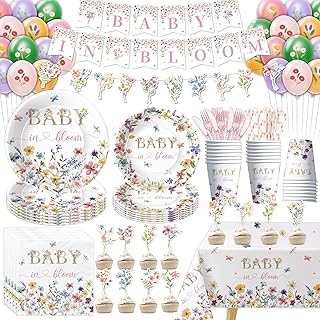 Floral Baby Shower Decorations for Girl, Wild Flower Baby in Bloom Party Supplies, Paper Plate, Cup, Napkin, Tablecloth, Balloon, Cutlery, Garland Banner, Cupcake Toppers, Serves 24